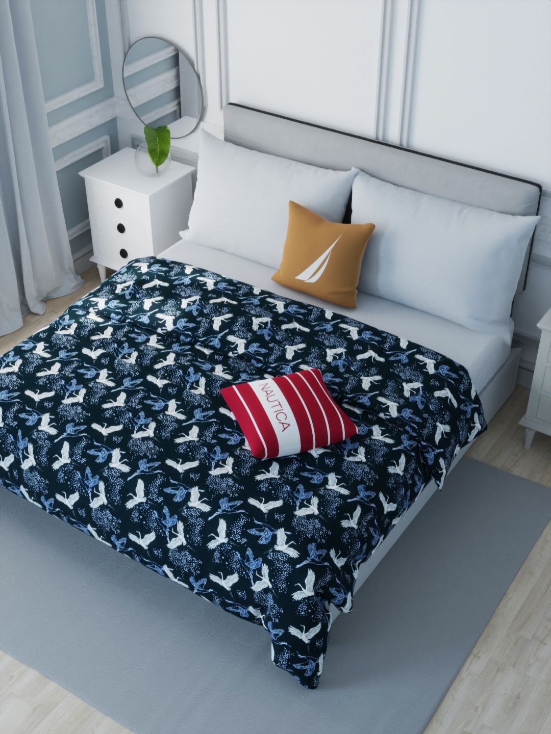 

Nautica Navy Blue & White Birds Printed 120 GSM Pure Cotton AC Room Double Bed Dohar