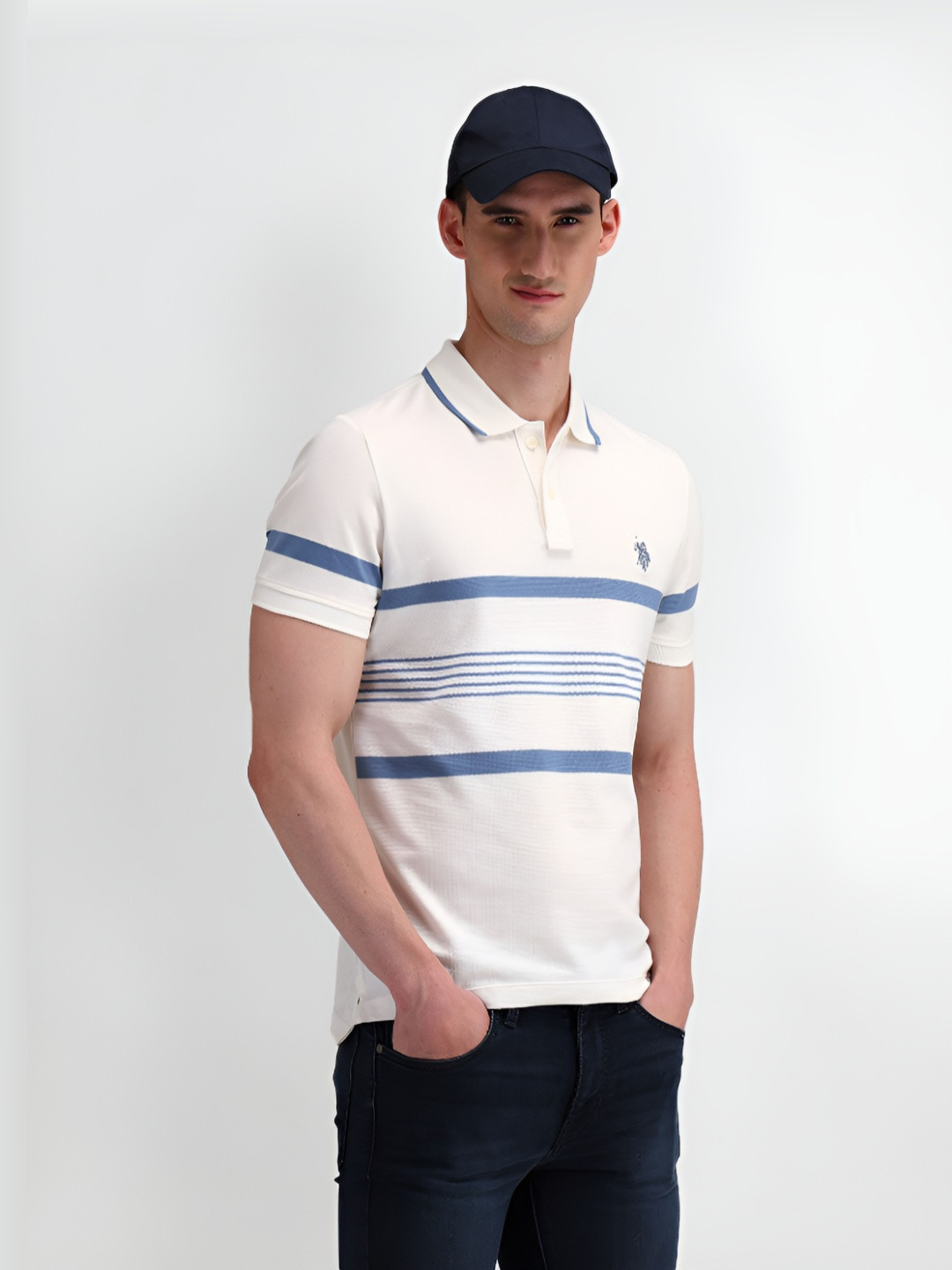 

U.S. Polo Assn. Men Striped Polo Collar Cotton Slim Fit T-Shirt, White