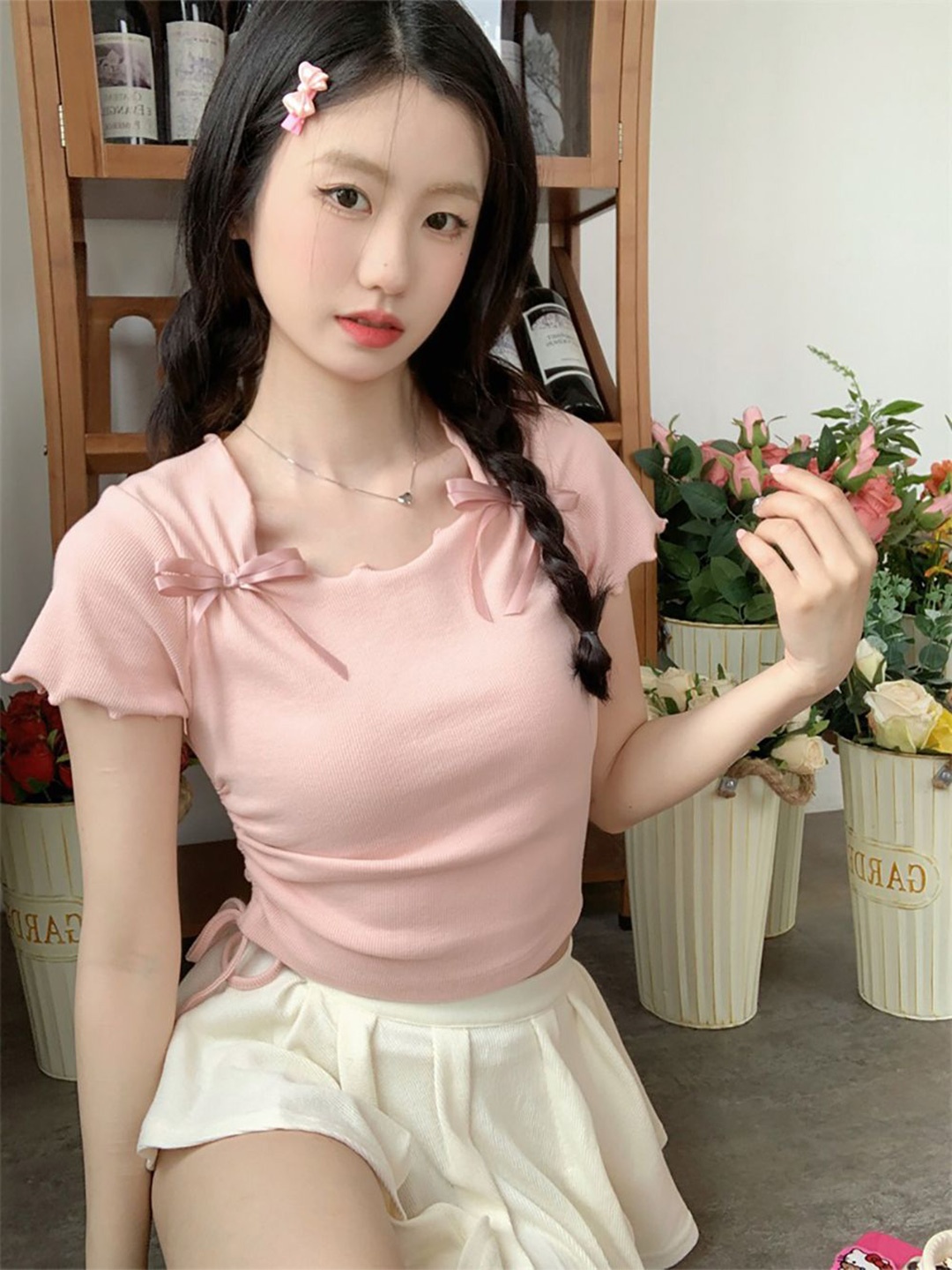 

StyleCast x Revolte Women Solid Round Neck Bow Detailed Top, Pink
