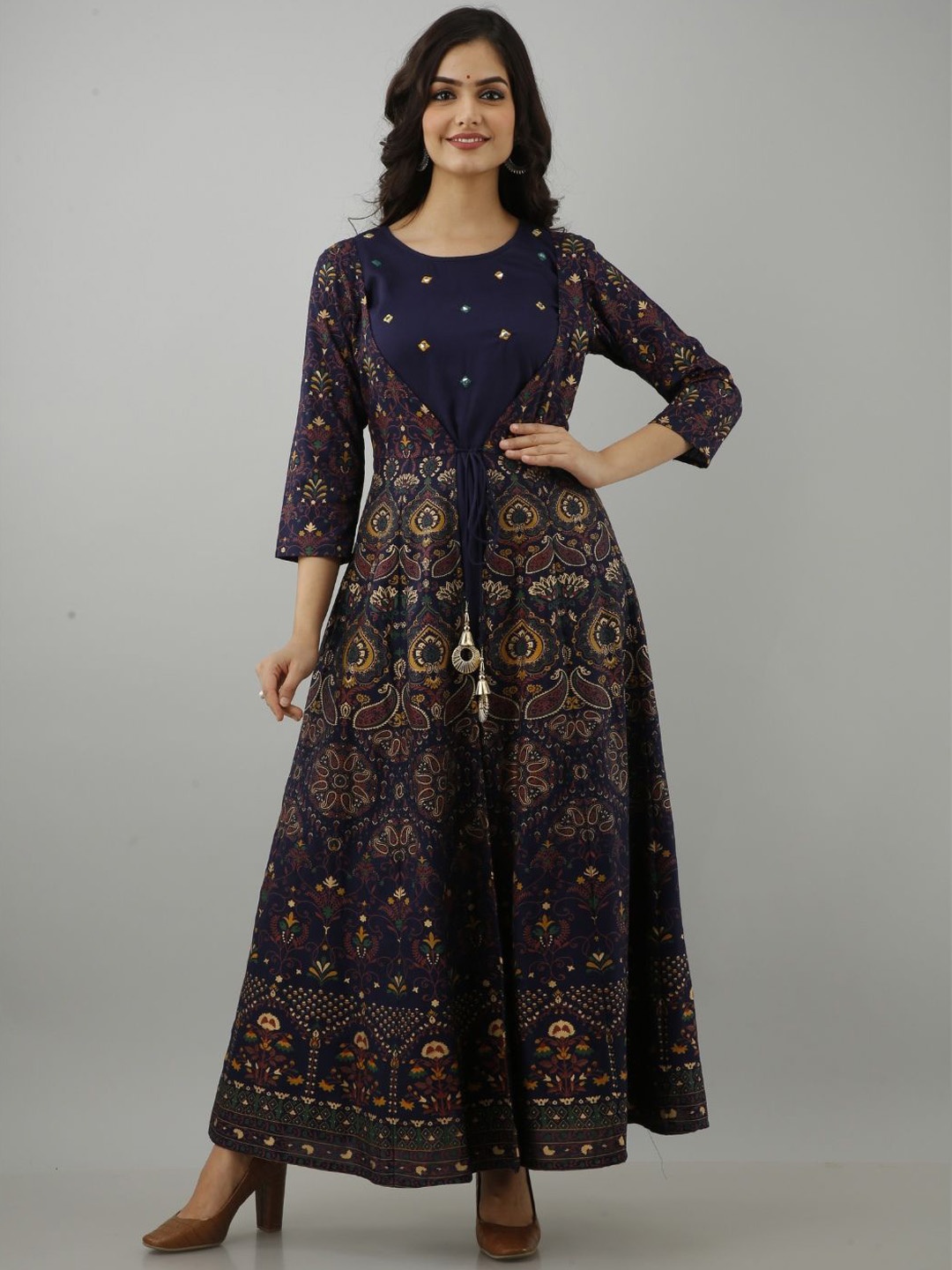 

Jaipurite Embroidered Mirror Work Maxi Ethnic Dress, Blue
