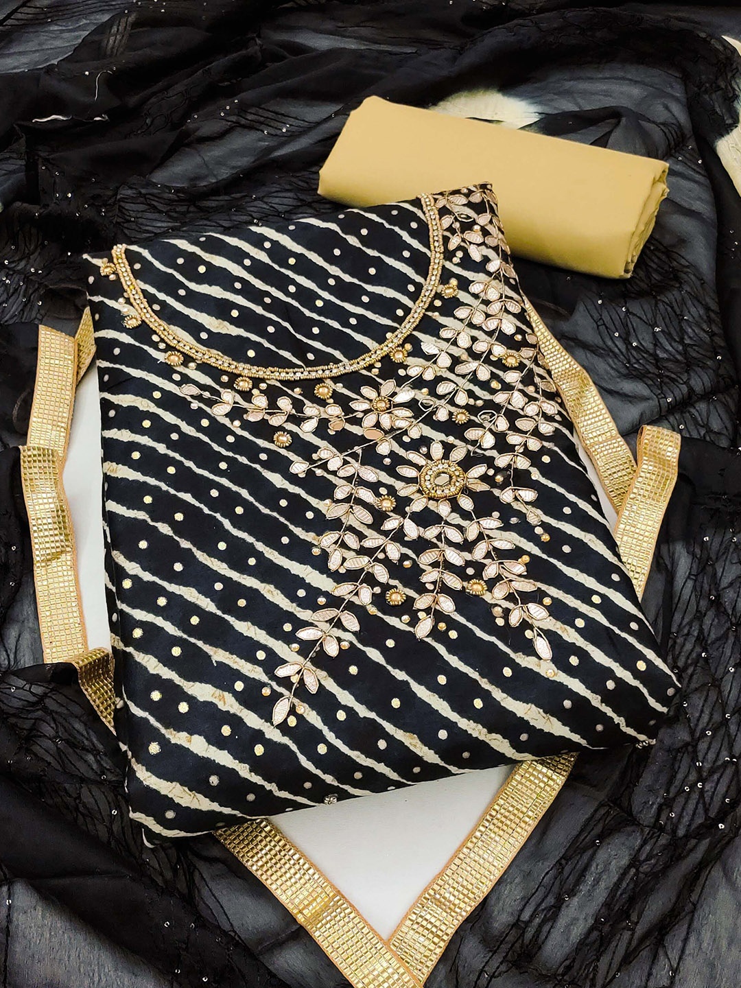 

KIMISHA Leheriya Embellished Beads and Stones Unstitched Dress Material, Black