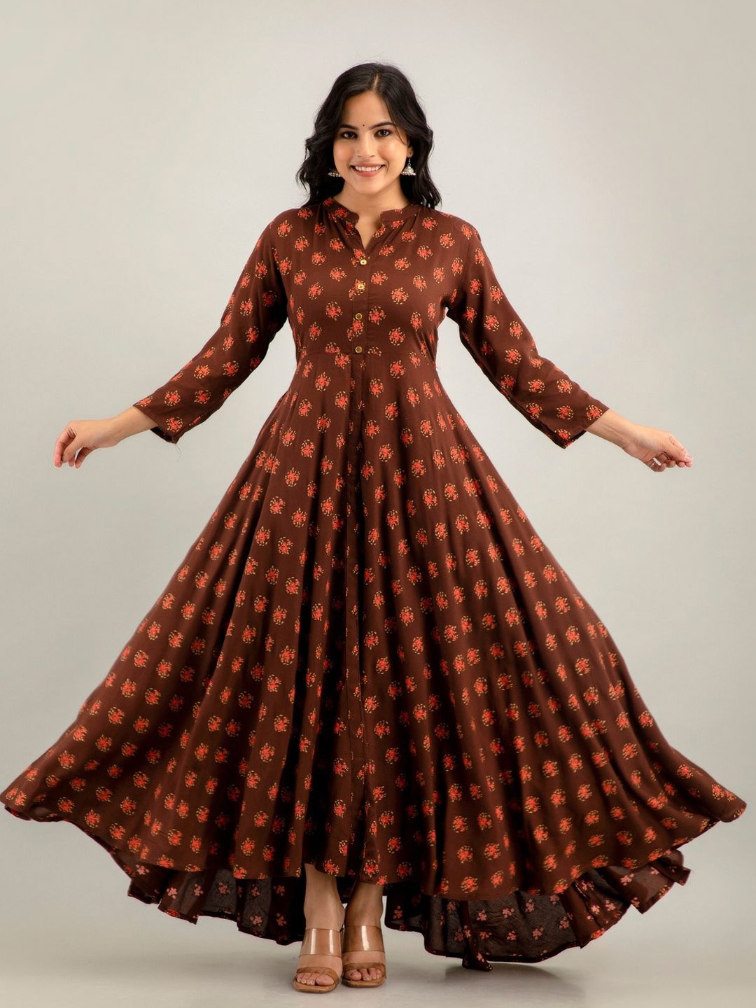 

Jaipurite Floral Printed Mandarin Collar Fit & Flare Ethnic Dress, Brown