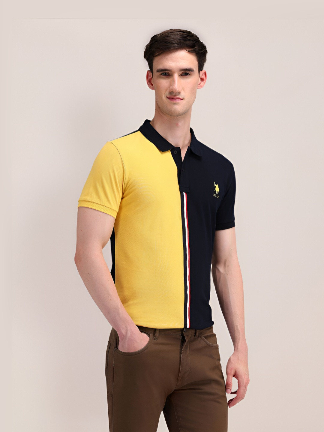 

U.S. Polo Assn. Men Colourblocked Polo Collar Cotton Slim Fit T-Shirt, Blue