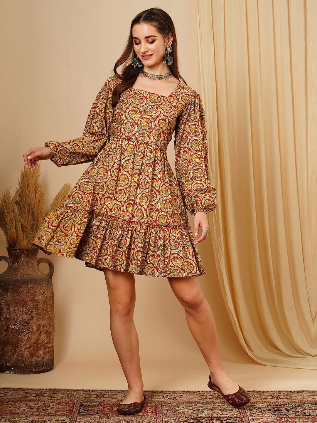 

Globus Ethnic Motifs Printed Fit & Flare Ethnic Dress, Maroon