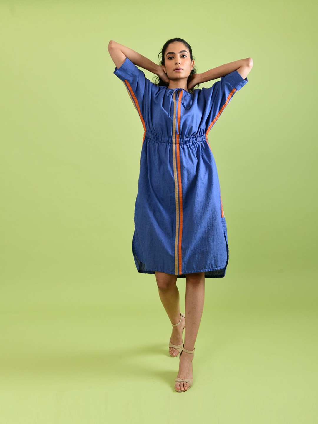 

Rias Jaipur Tie-Up Neck Organic Cotton A-Line Dress, Purple