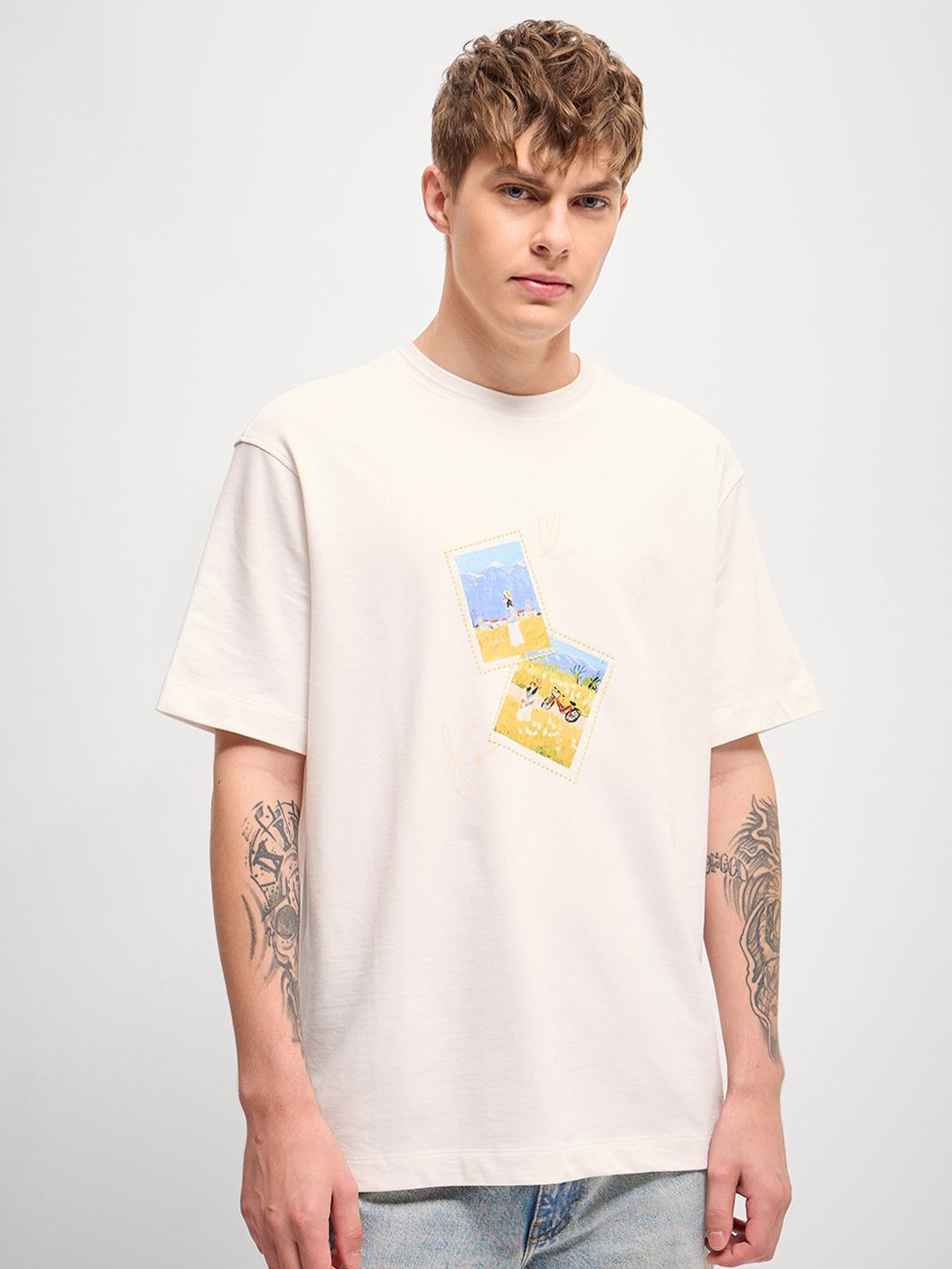 

THE BEAR HOUSE Men Graphic Printed Round Neck Cotton Oversized T-Shirt, White