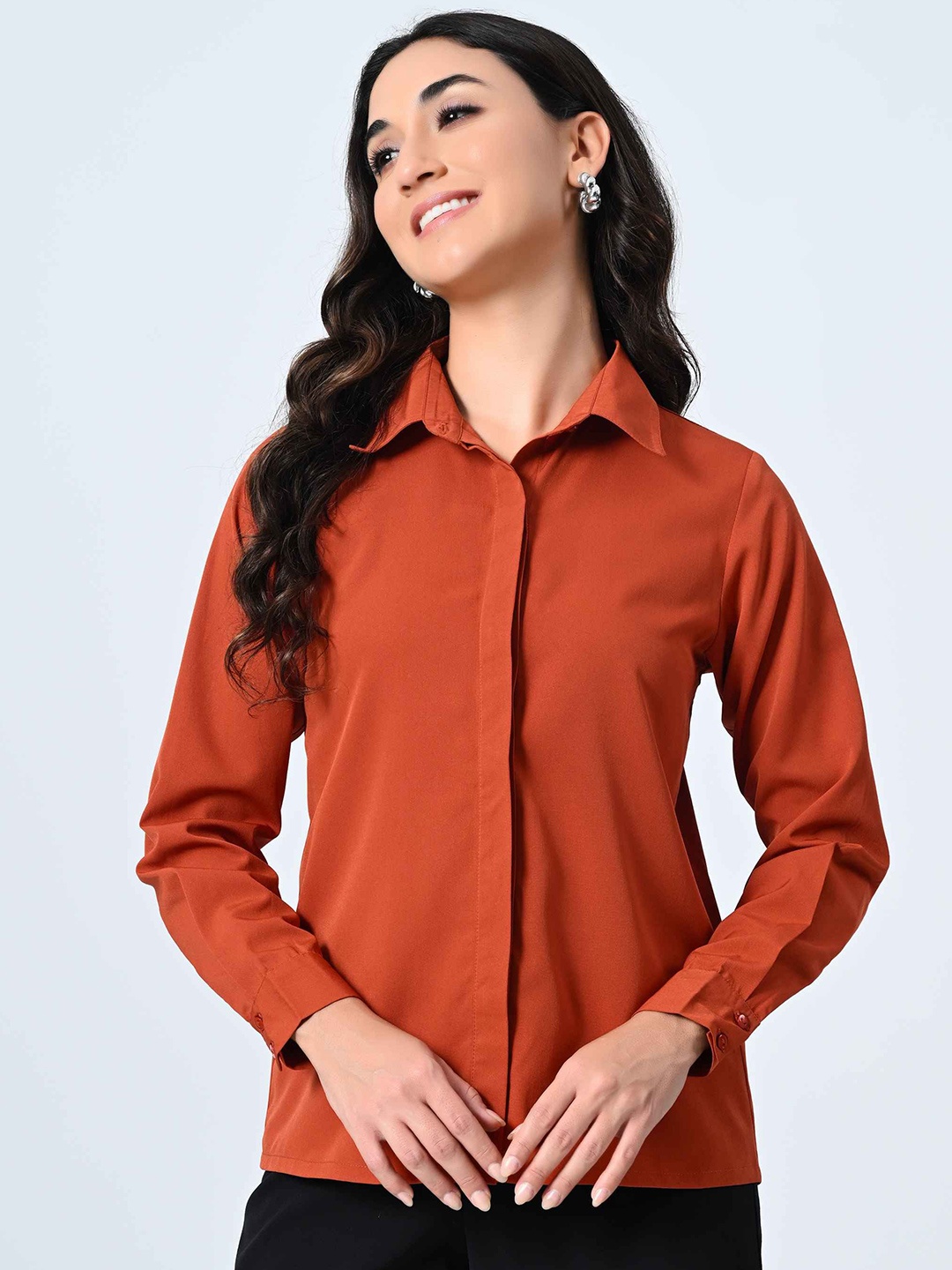 

BAESD Women Standard Spread Collar Solid Crepe Formal Shirt, Rust