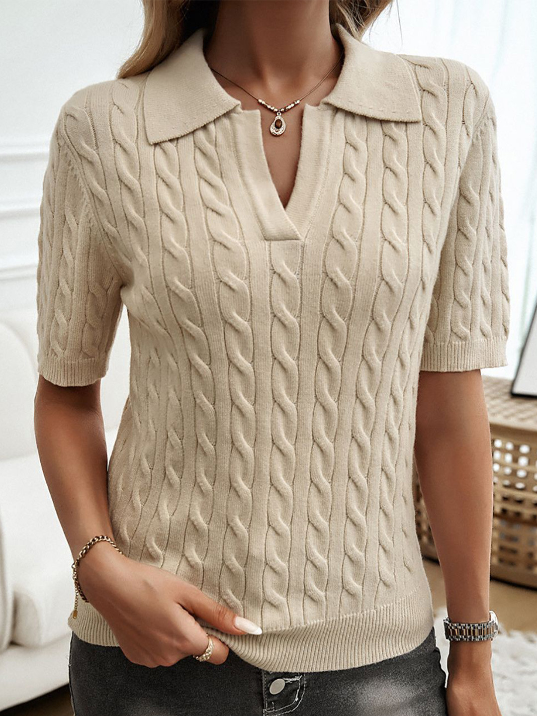 

StyleCast x Revolte Women Solid Shirt Collar Top, Beige