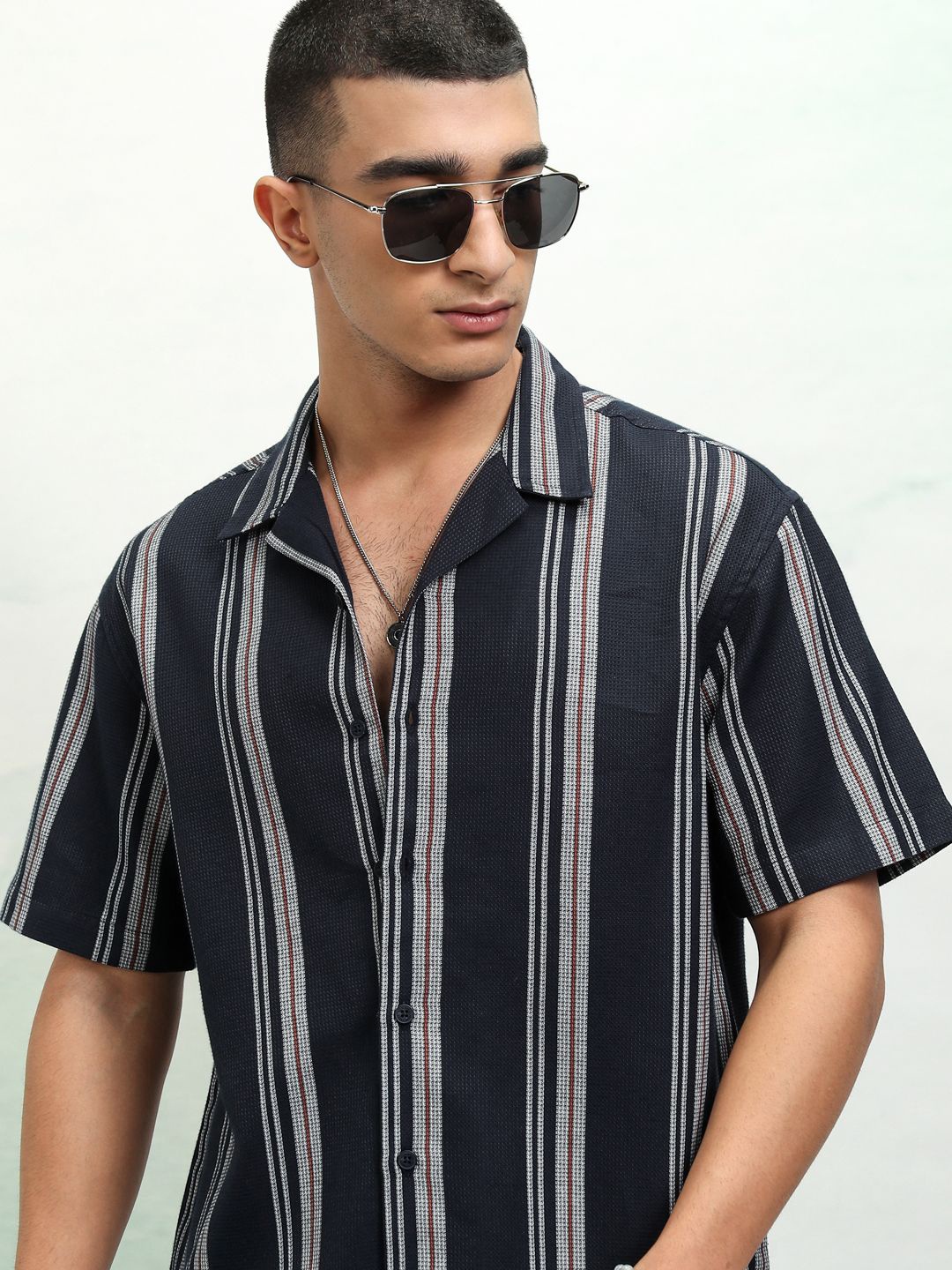 

Highlander Men Mini Waffle Dobby Textured Striped Cuban Collar Relaxed Shirt, Navy blue