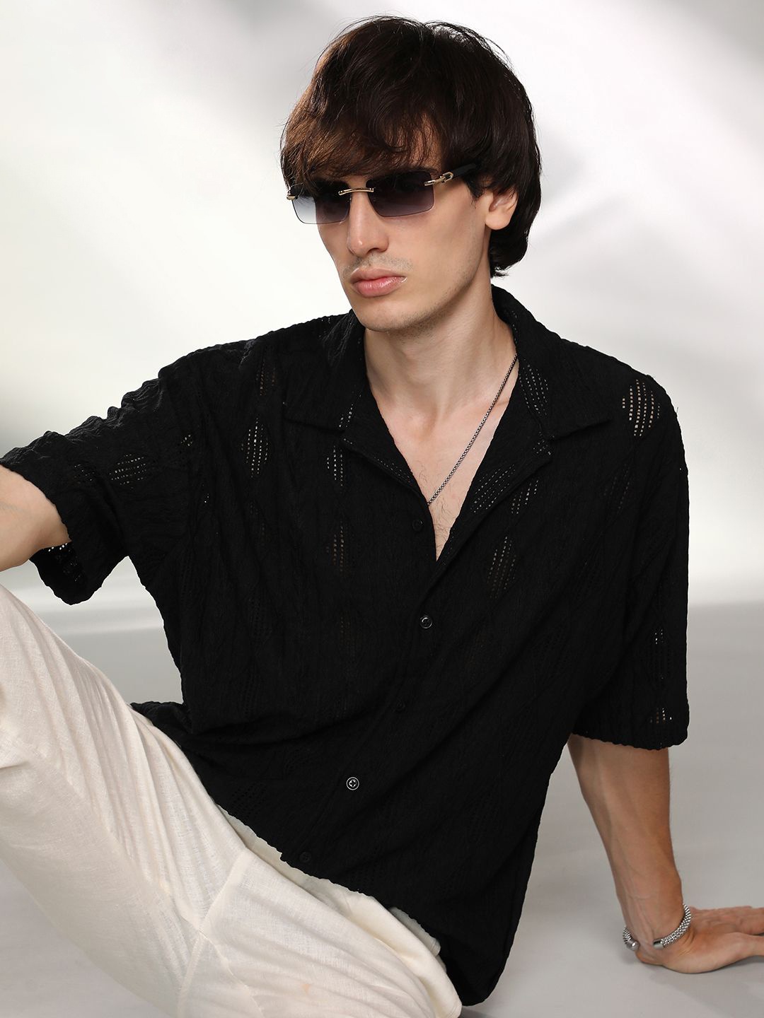 

Campus Sutra Men Comfort Cuban Collar Solid Cotton Oversized Casual Shirt, Black