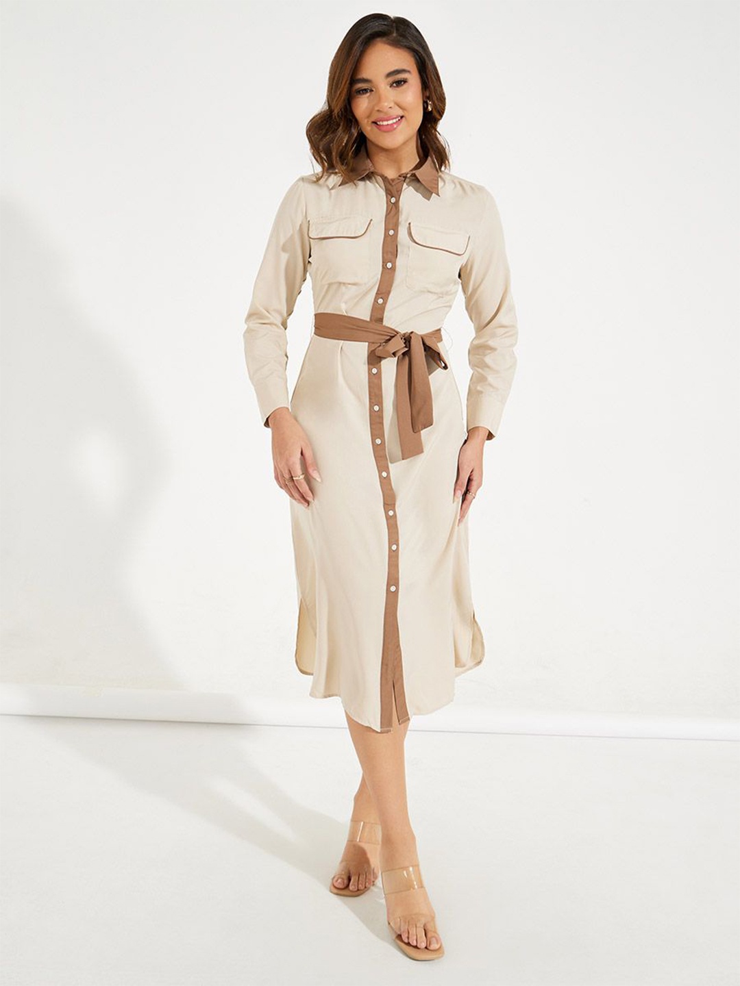 

Styli Contrast Trim Buttoned Shirt Midi Dress with Tie Belt, Beige