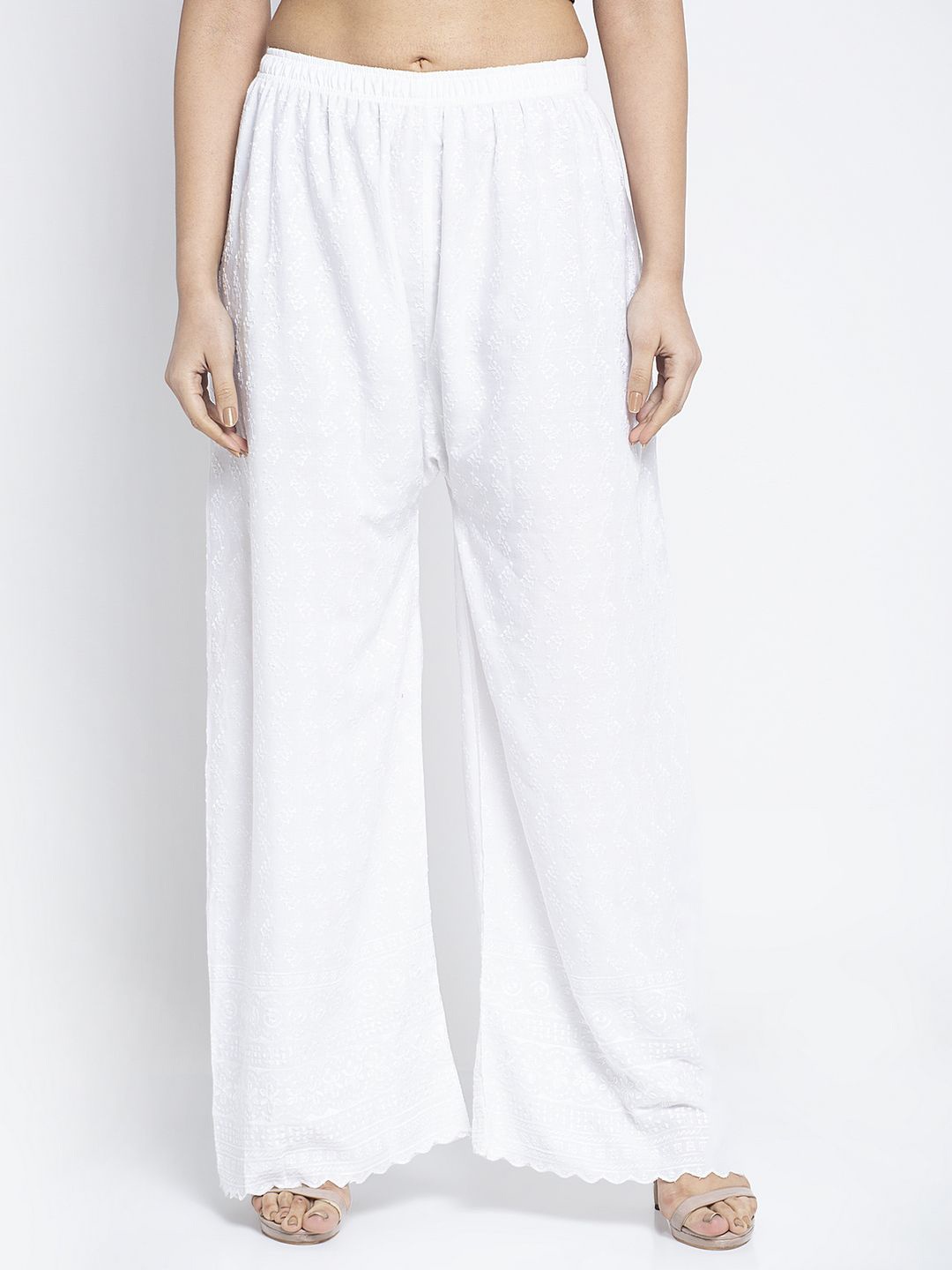 

GRACIT Women Flared Knitted Ethnic Palazzos, White