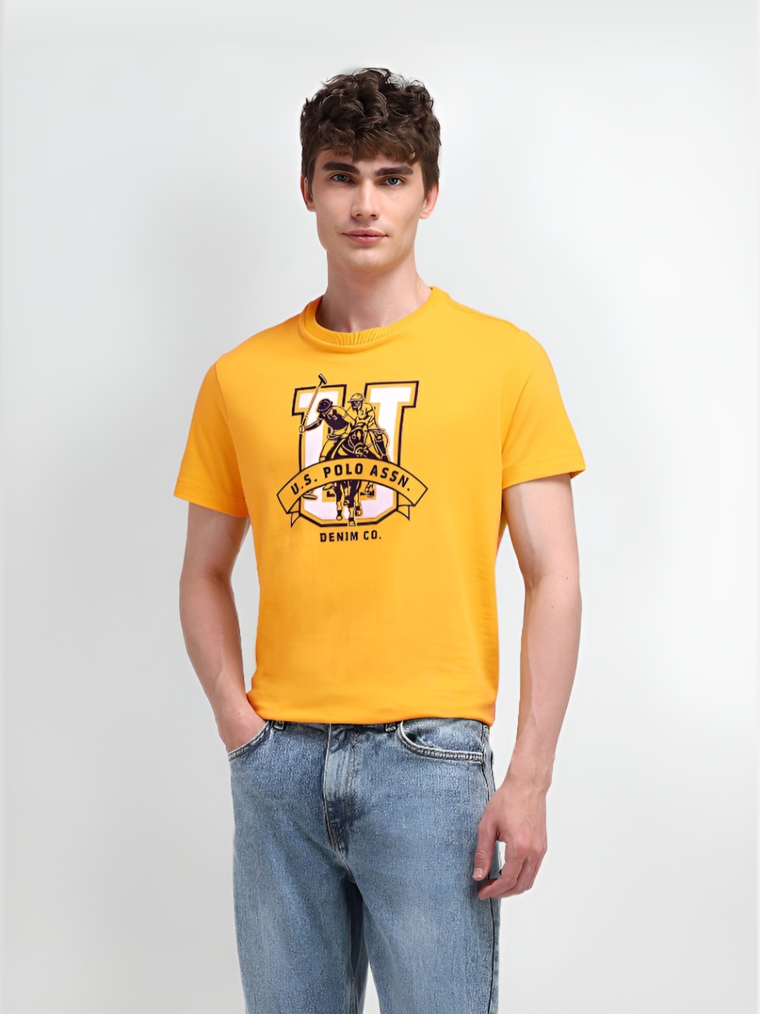 

U.S. Polo Assn. Men Graphic Printed Round Neck Cotton Slim Fit T-Shirt, Yellow