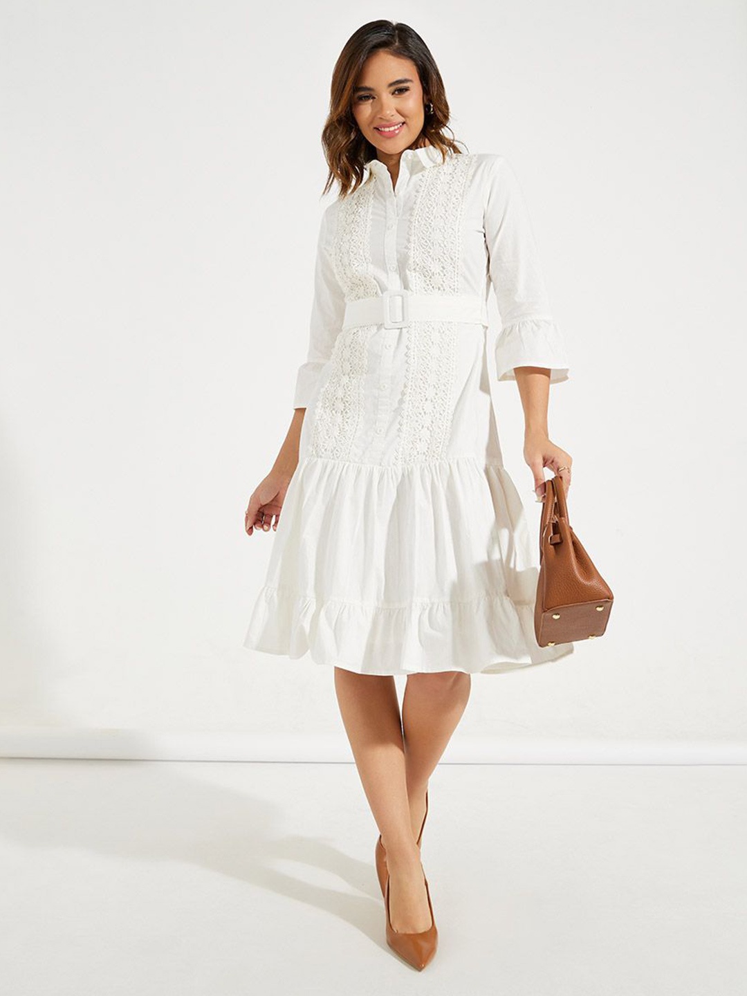 

Styli Embroidered Lace Trim Belted Shirt Knee Length Dress, Off white