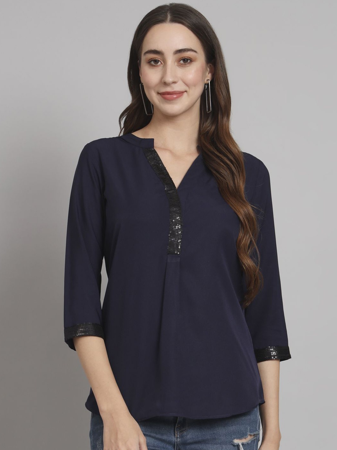 

Curvydrobe Mandarin Collar Crepe Top, Navy blue