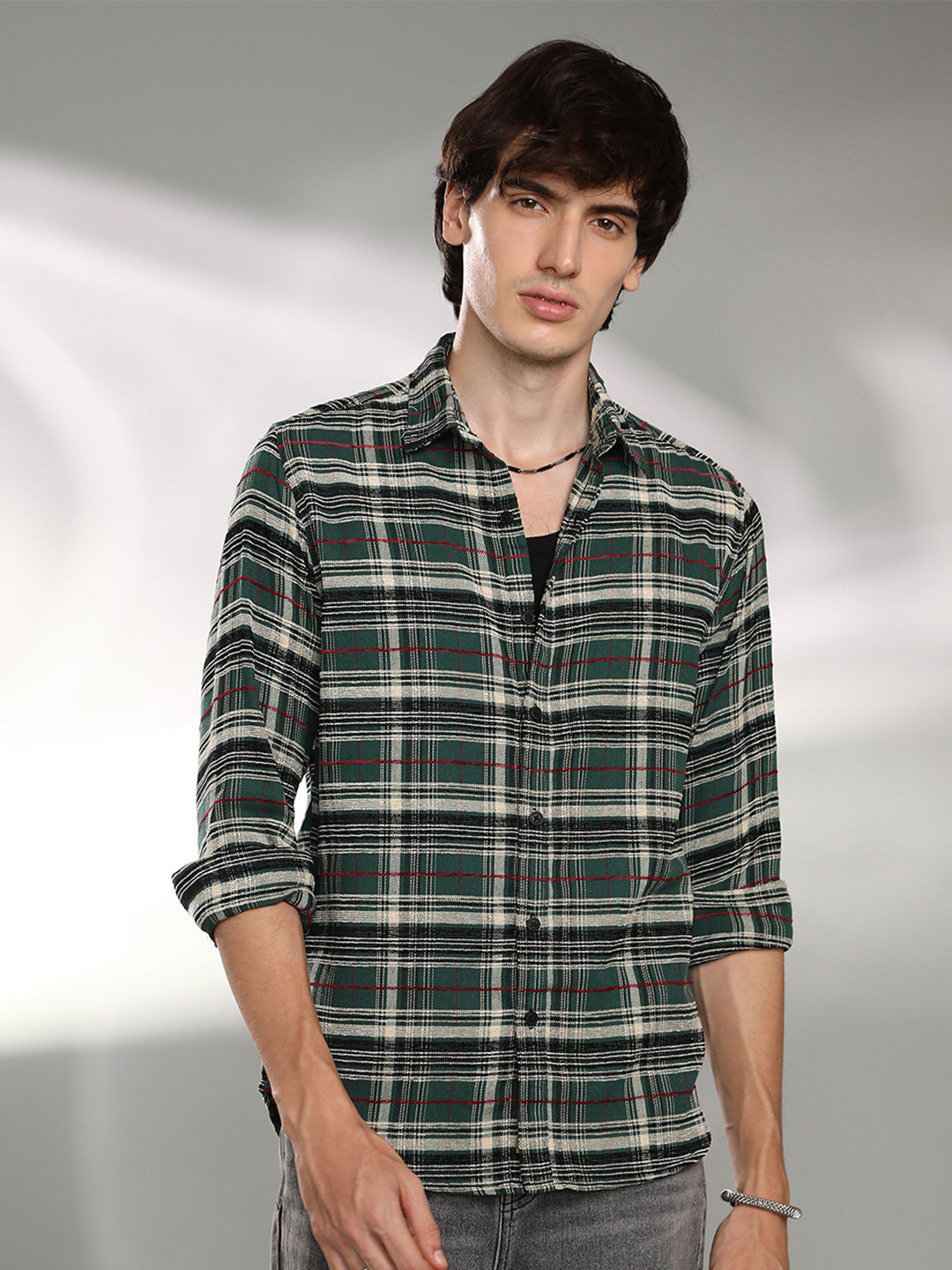 

Campus Sutra Men Comfort Spread Collar Checked Cotton Casual Shirt, Green