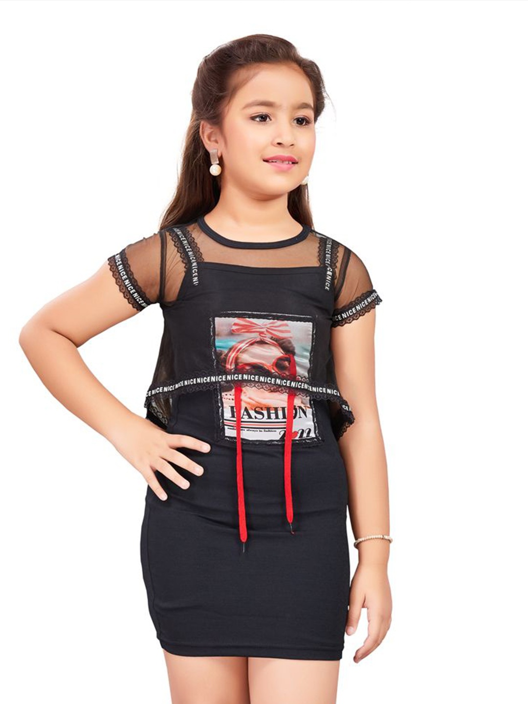 

Lei-Chie Girls Graphic Print Applique Bodycon Two Piece Short Dress, Black