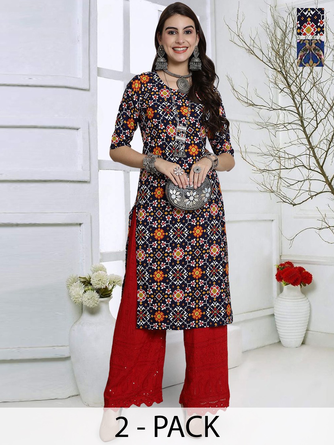 

KALINI Selection Of 2 Floral Printed Round Neck Straight Kurtas, Black