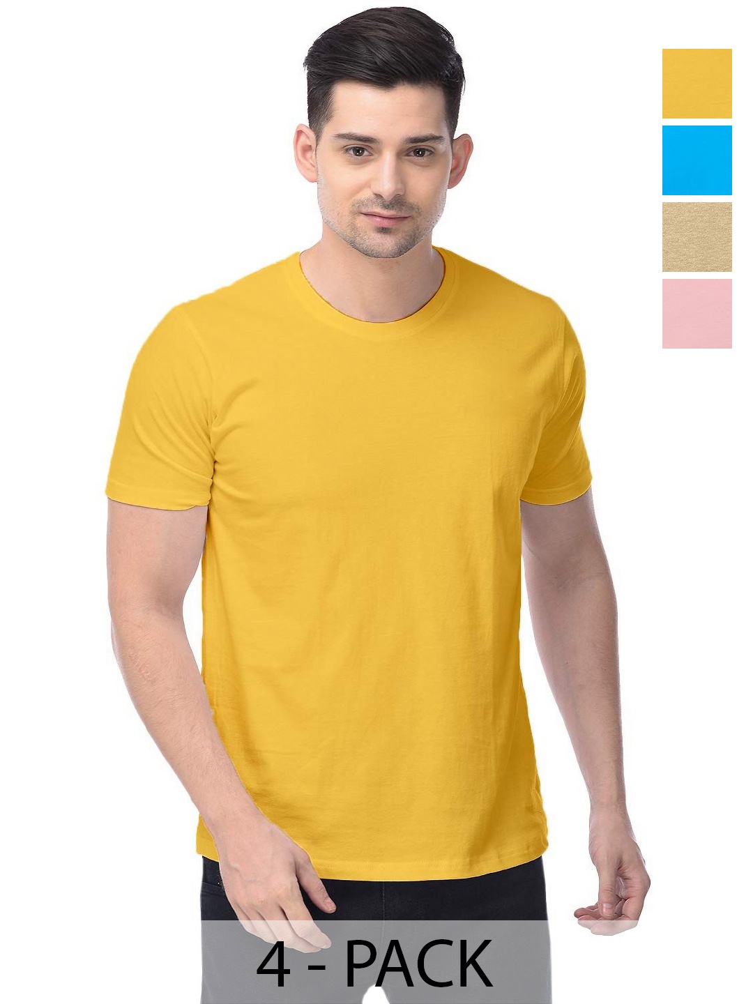 

COLOR CAPITAL Unisex Pack Of 4 Solid Pure Cotton T-shirts, Yellow