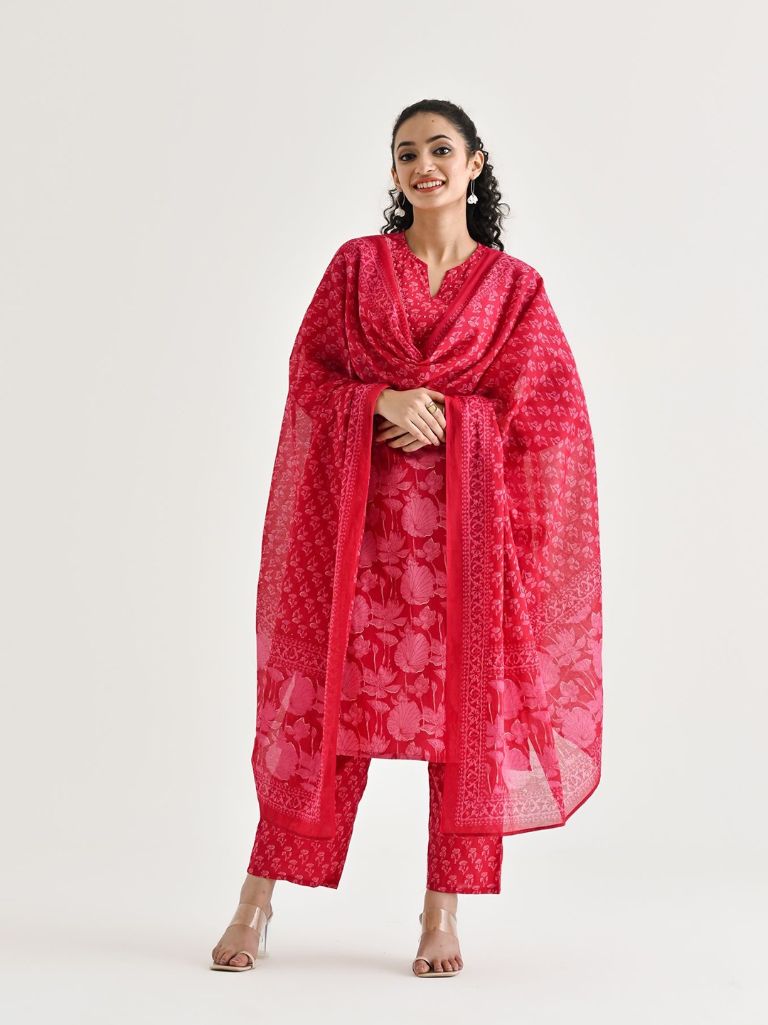 

Rustorange Floral Printed Pure Cotton Straight Kurta with Trousers & With Dupatta, Pink