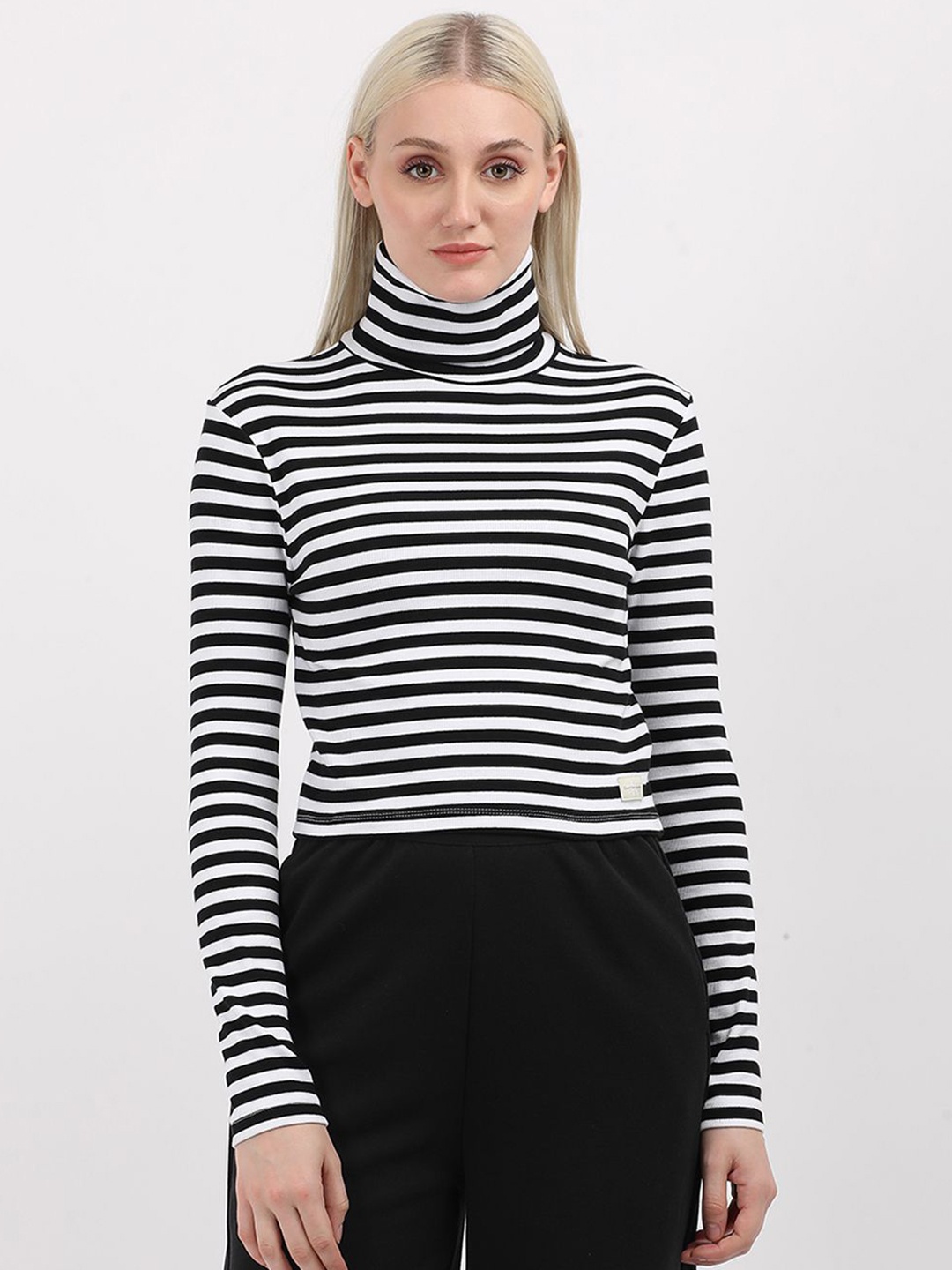 

Calvin Klein Jeans Women Striped Turtle Neck Cotton Slim Fit T-Shirt, Black