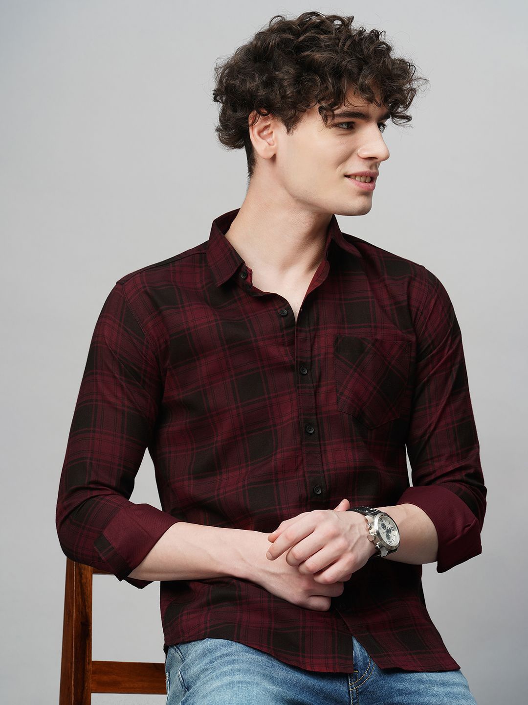 

TRYBUY.IN Men Comfort Spread Collar Tartan Checked Cotton Party Shirt, Maroon