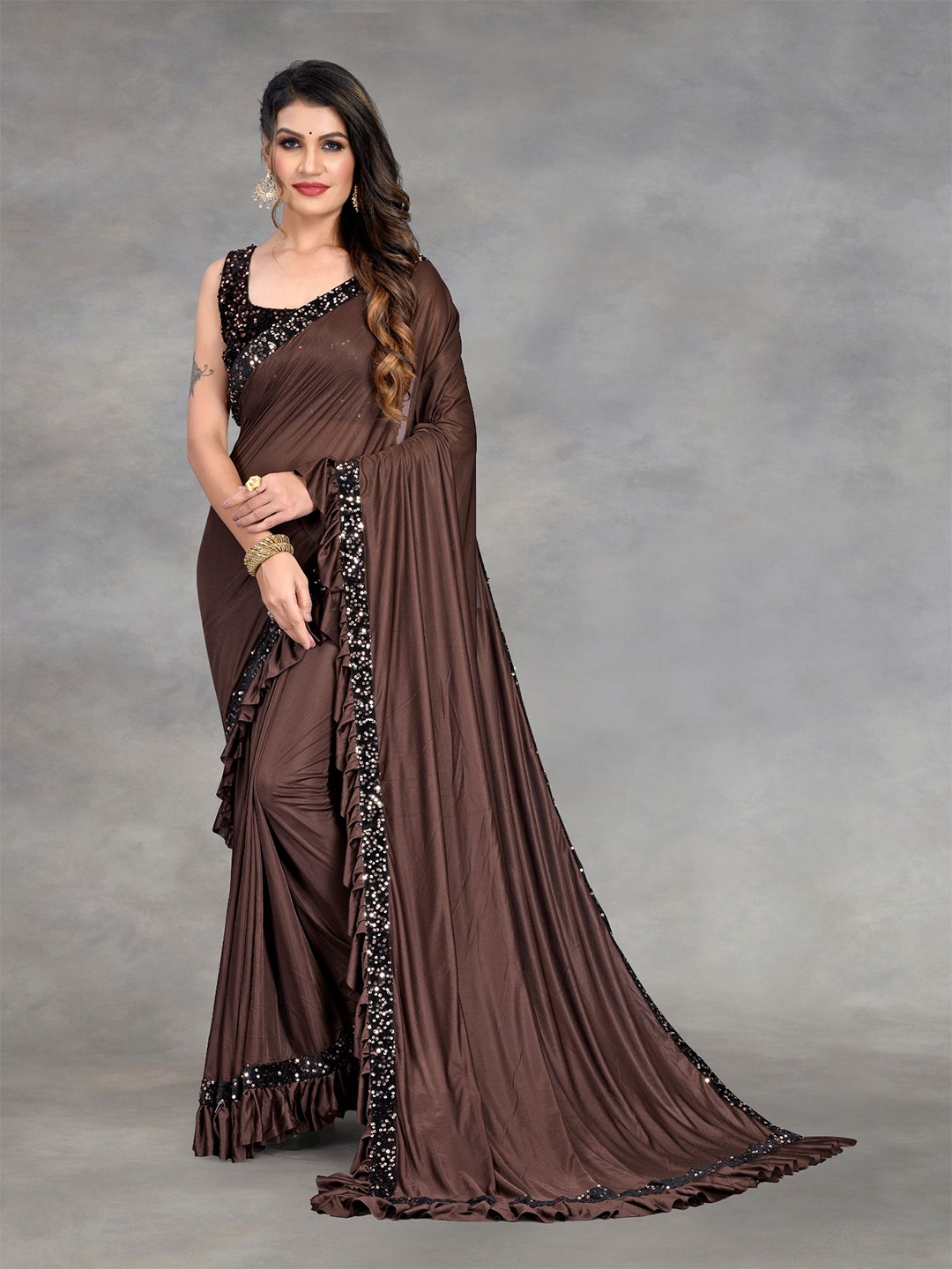 

Aika Solid Saree With Ruffles and Sequenced Border, Coffee brown