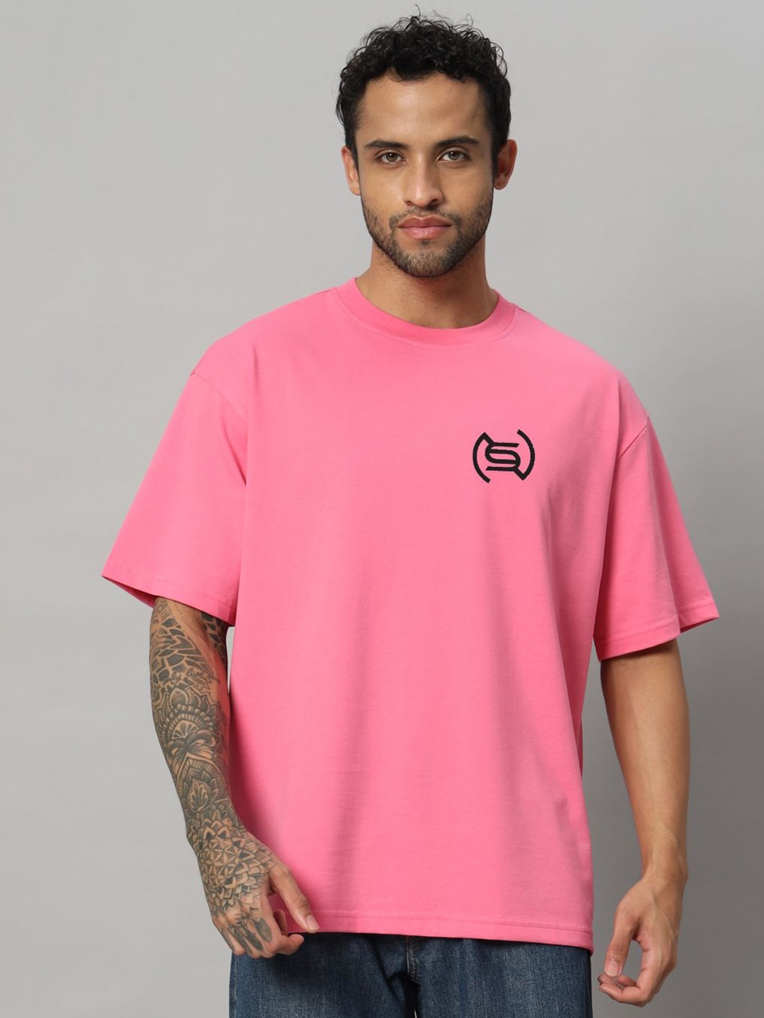 

SWAGNOX Men Graphic Printed Round Neck Cotton Oversized T-Shirt, Pink