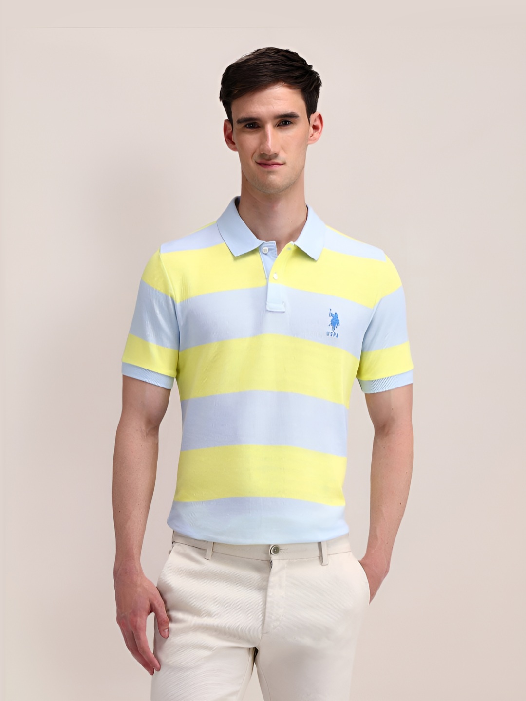

U.S. Polo Assn. Men Striped Polo Collar Cotton Slim Fit T-Shirt, Yellow