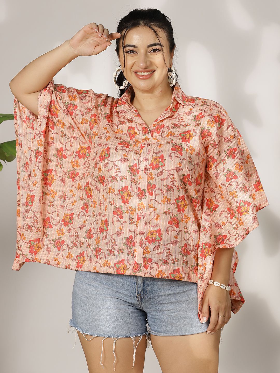 

LetsDressUp Women Floral Printed Shirt Collar Pure Cotton Top, Peach