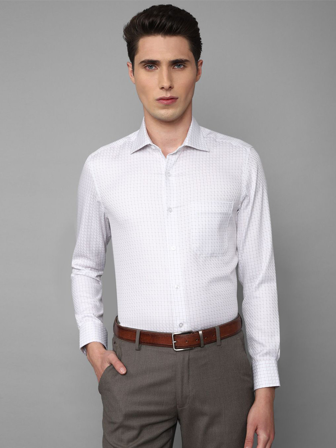 

Louis Philippe Men Spread Collar Micro Checked Cotton Formal Shirt, White