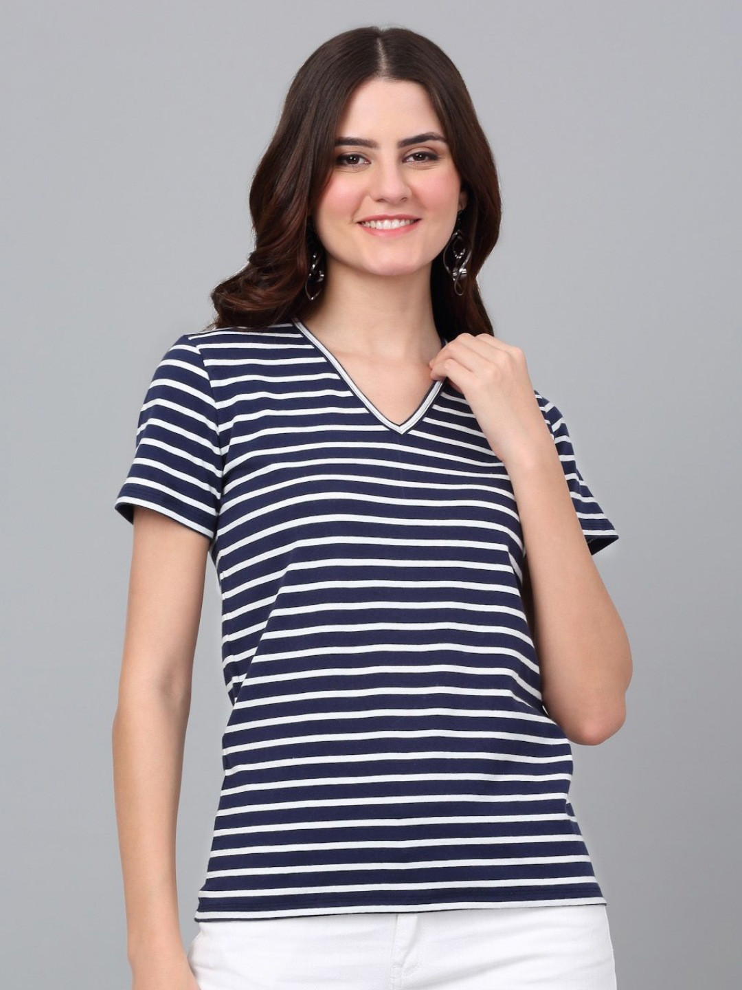 

Dressitude Women Striped V-Neck Pure Cotton T-Shirt, Blue