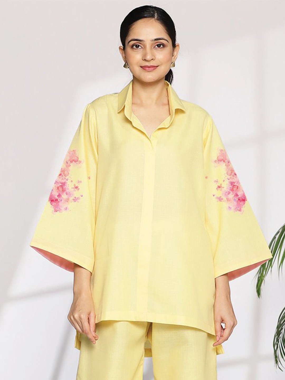 

LetsDressUp Women Floral Printed Shirt Collar Pure Cotton Top, Yellow