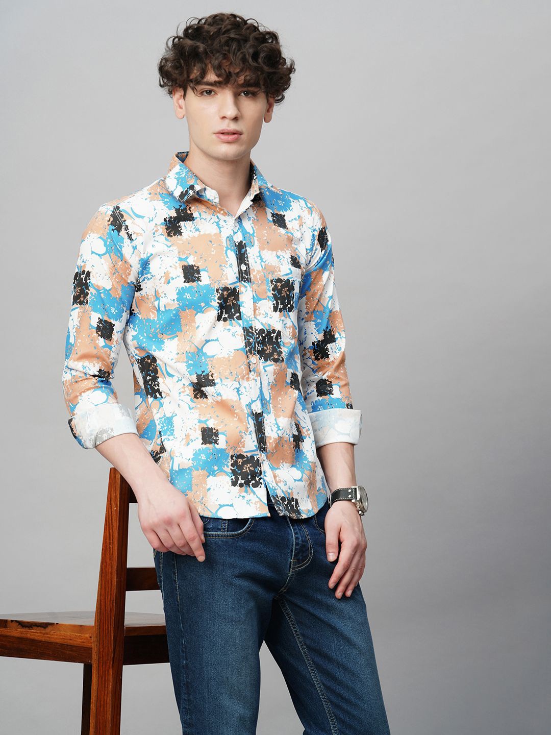 

TRYBUY.IN Men Comfort Spread Collar Abstract Printed Cotton Party Shirt, White
