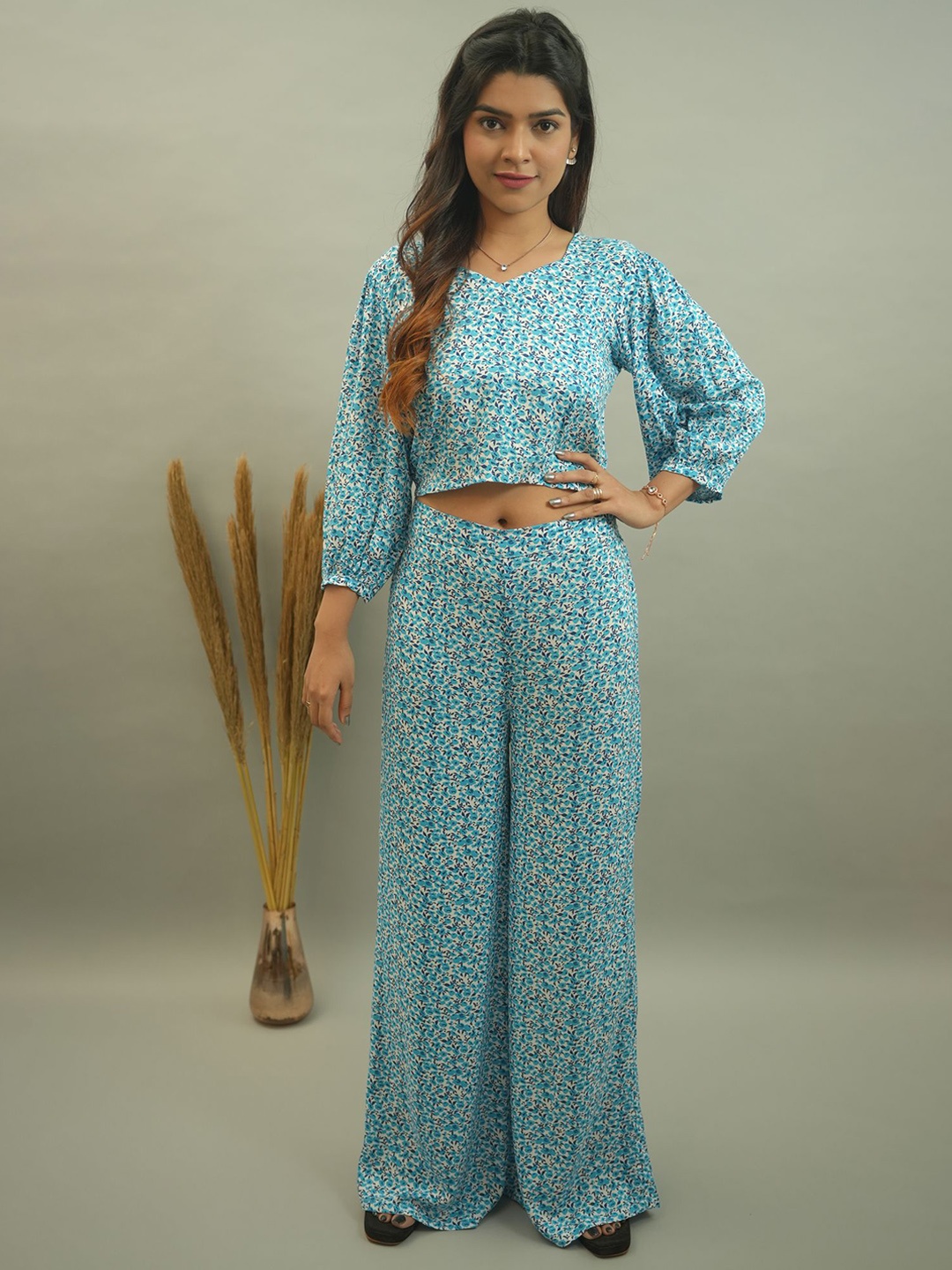 

GO BOUJEE Floral Printed Top With Palazzos, Blue