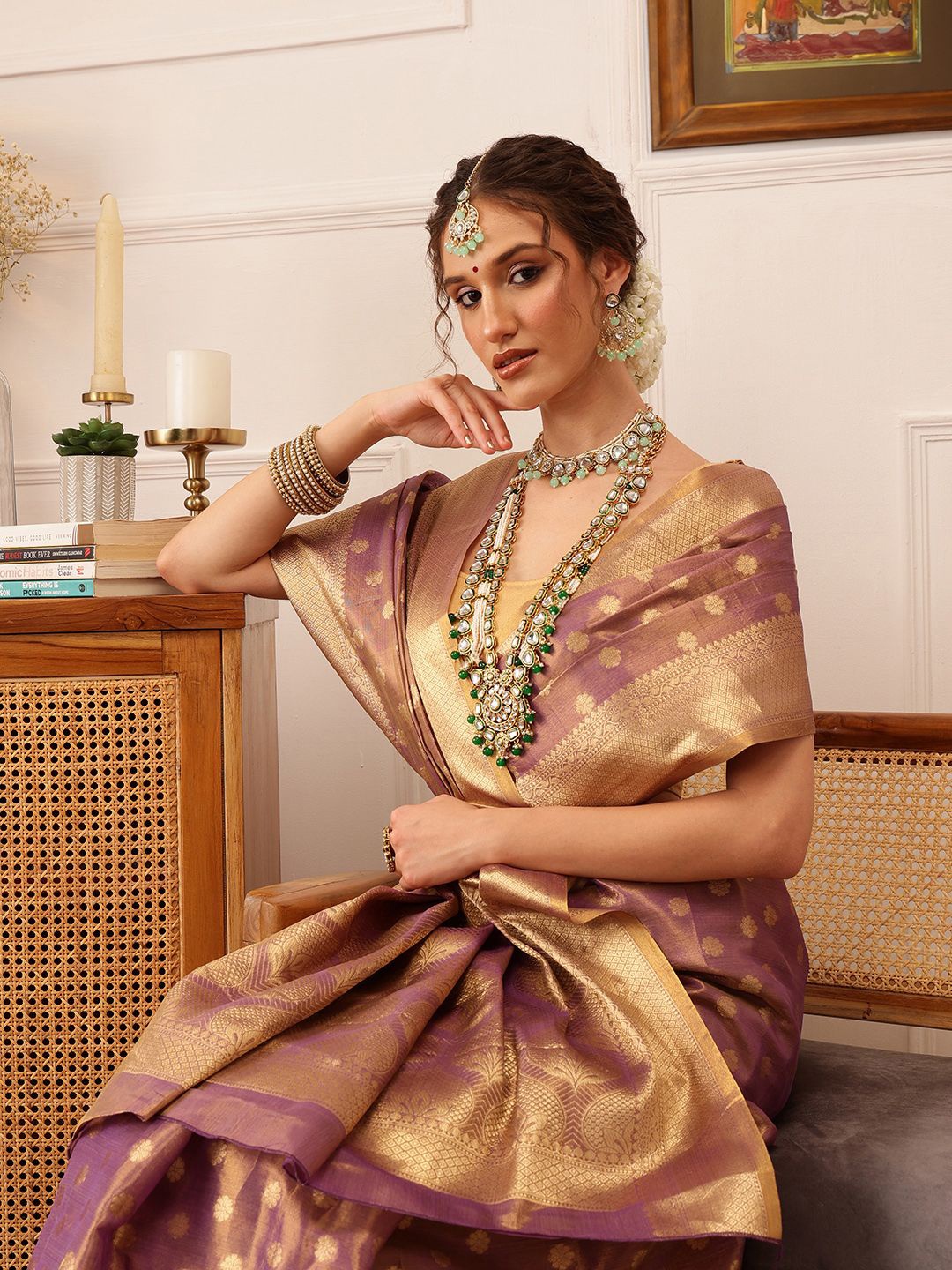 

Silk Land Women Woven Design Floral Printed Kanjeevaram Saree, Purple