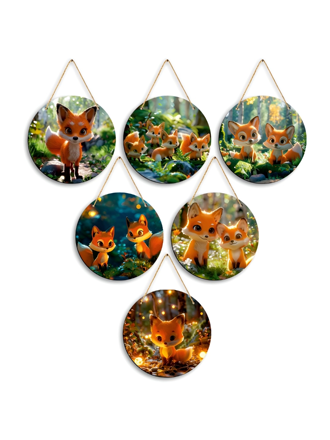 

CLAWCRAFTS Orange-Colored and Green 6 Pieces Printed Wooden Wall Hangings
