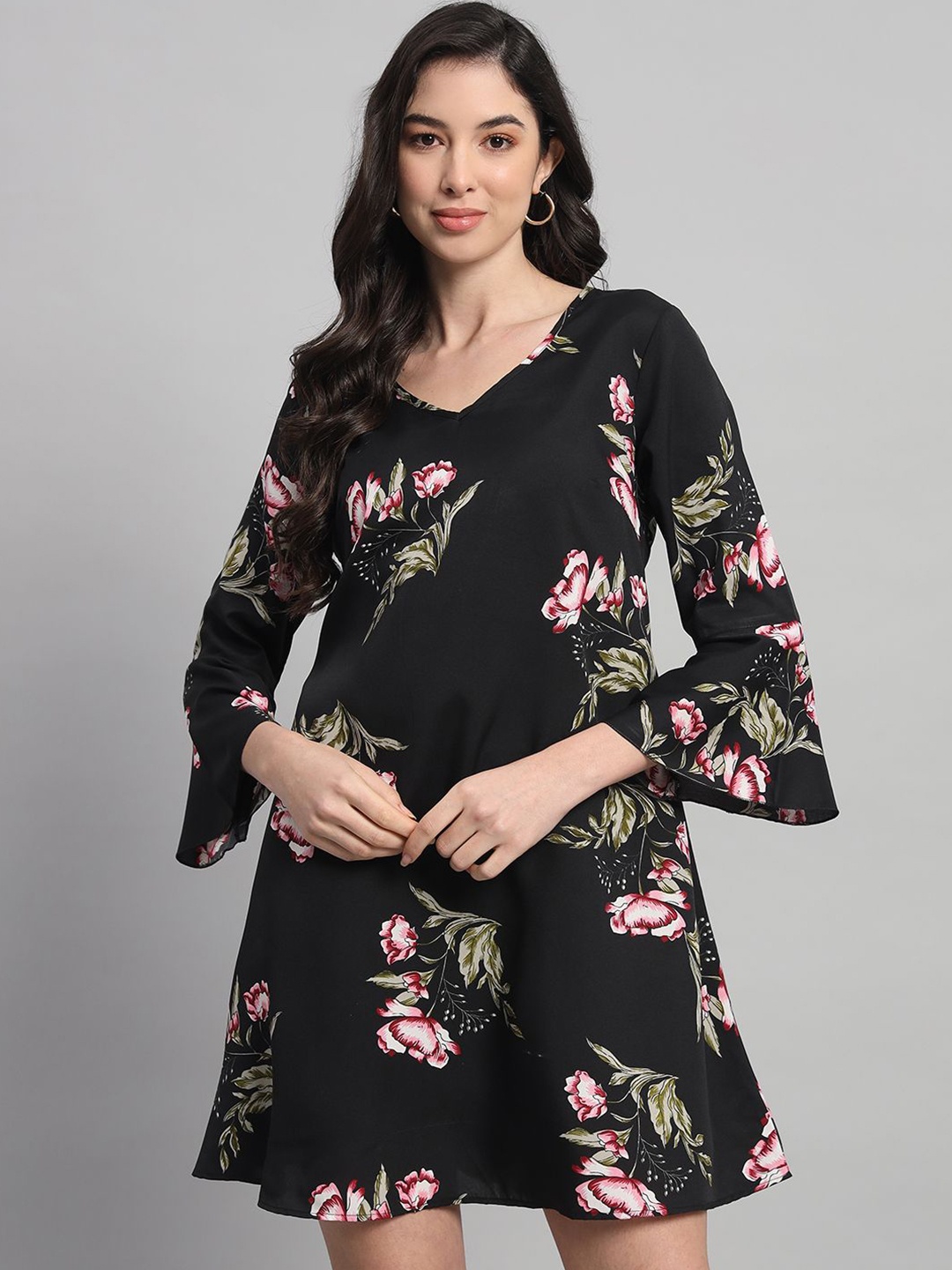 

Curvydrobe Floral Printed A-Line Mini Dress, Black