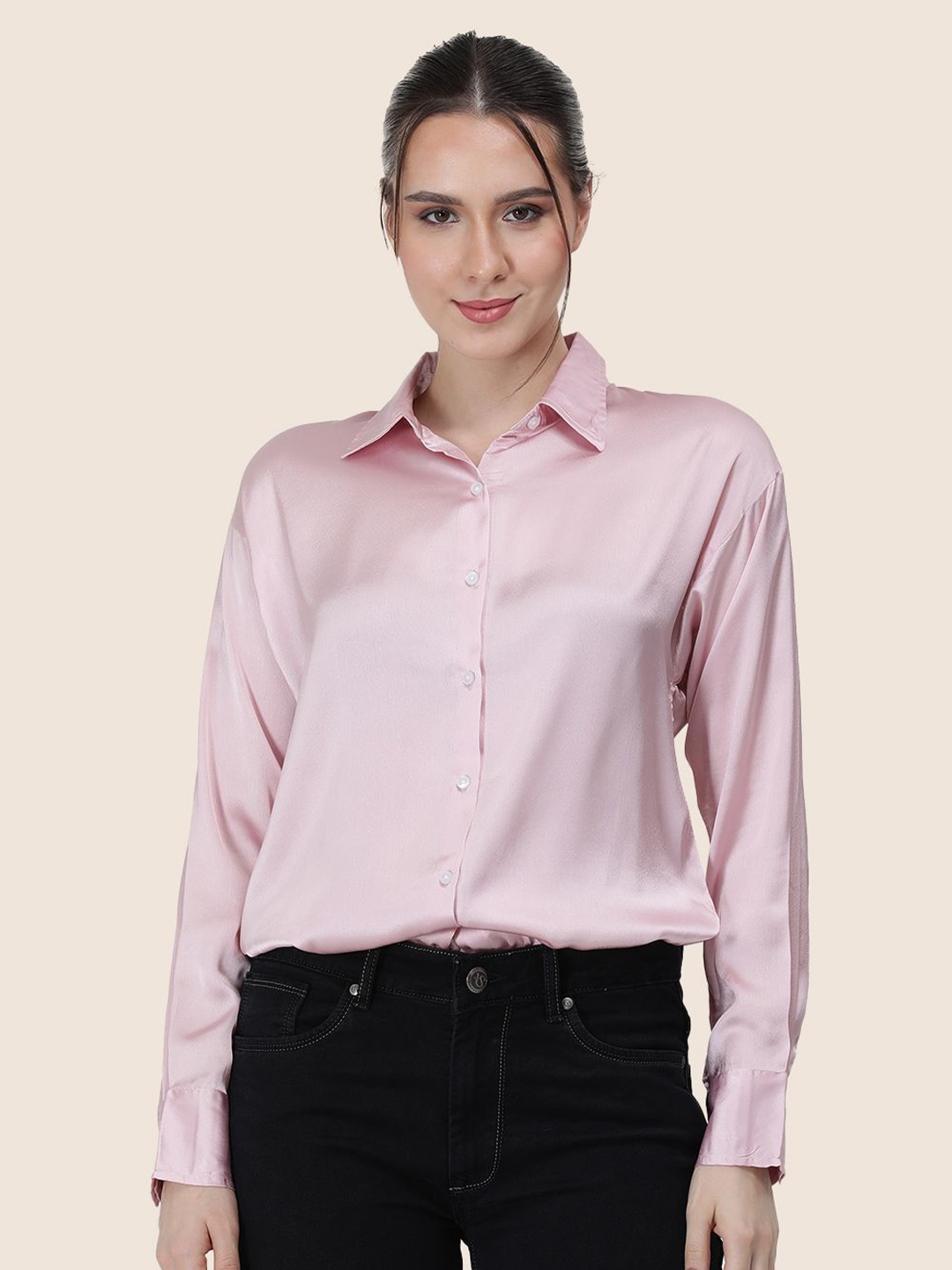 

AMSWAN Women Premium Spread Collar Solid Relaxed Fit Casual Shirt, Pink