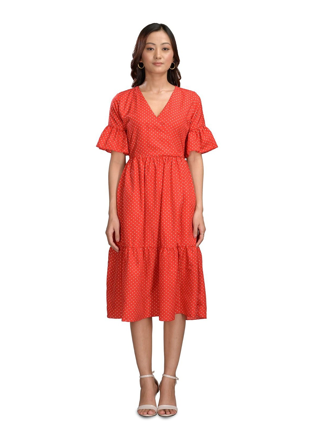 

KRISS-CROX Polka Dots Print Fit & Flare Midi Dress, Red
