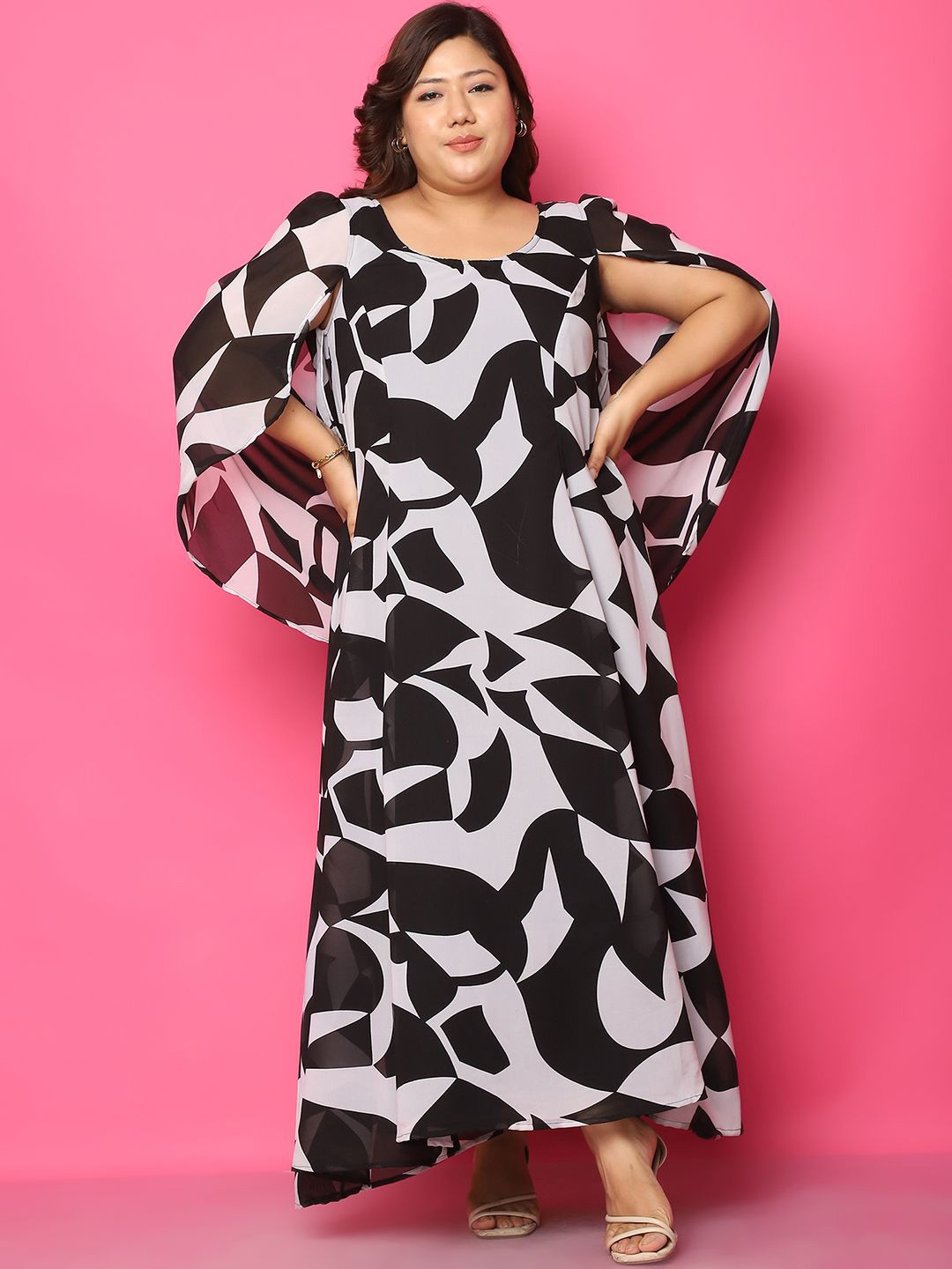 

theRebelinme Plus Size Printed Georgette A-Line Maxi Dress, Black