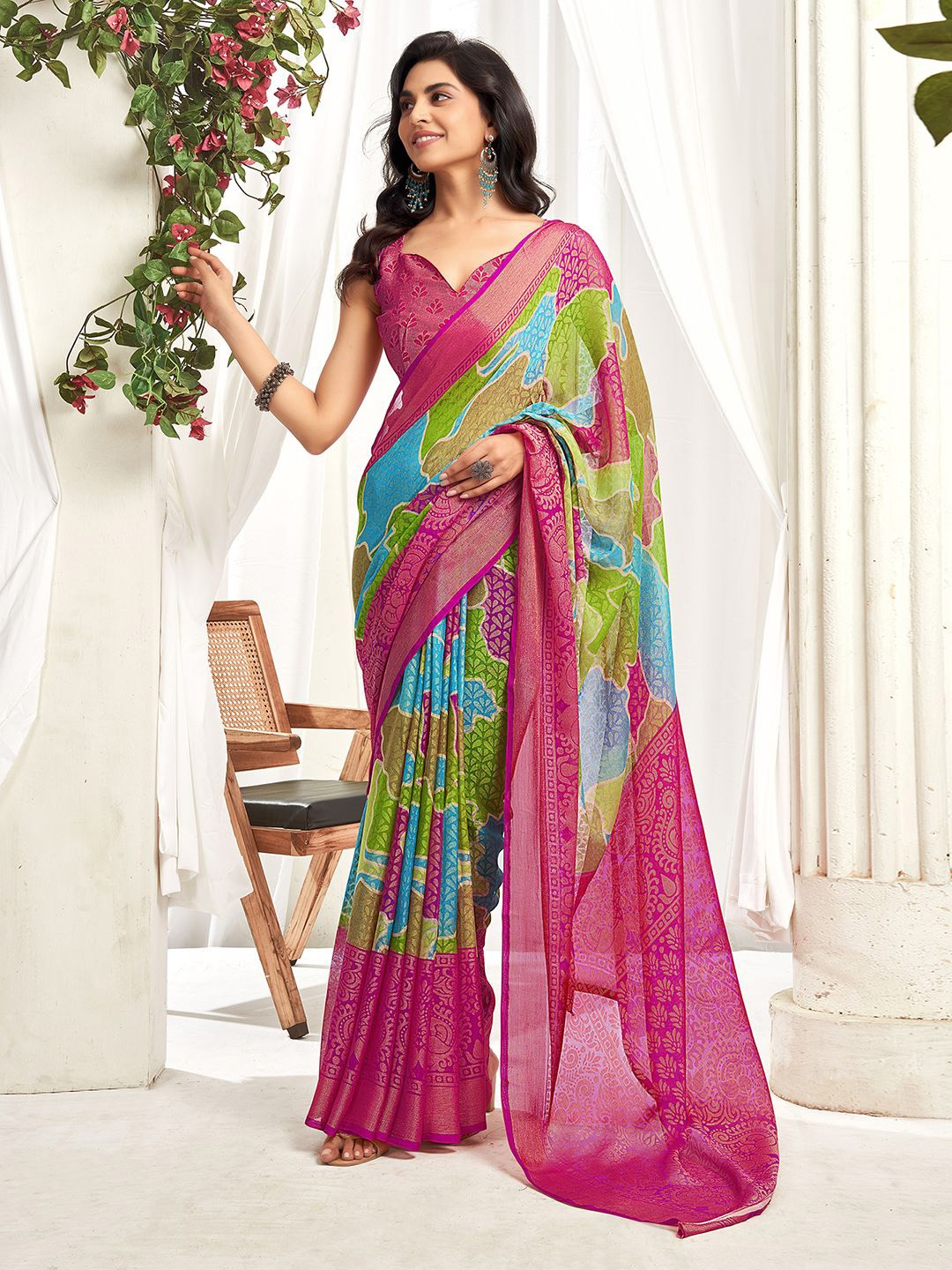 

KALINI Zari Printed Pure Chiffon Bagh Saree, Green