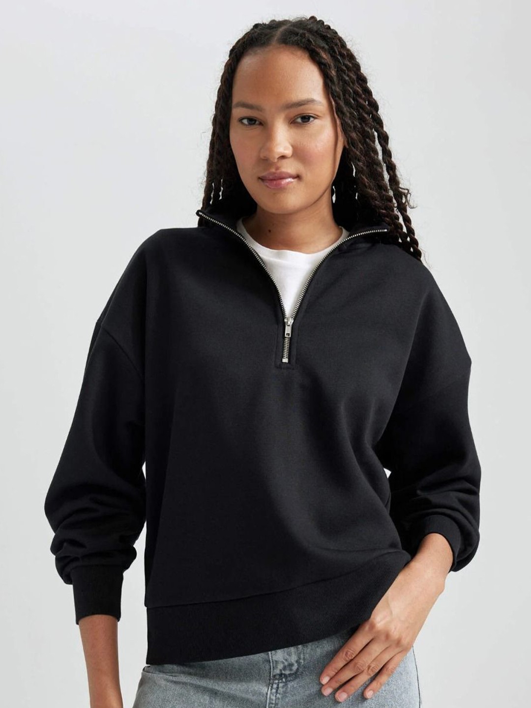 

MISCHIEF MONKEY Women Solid Mock Collar Sweatshirt, Black