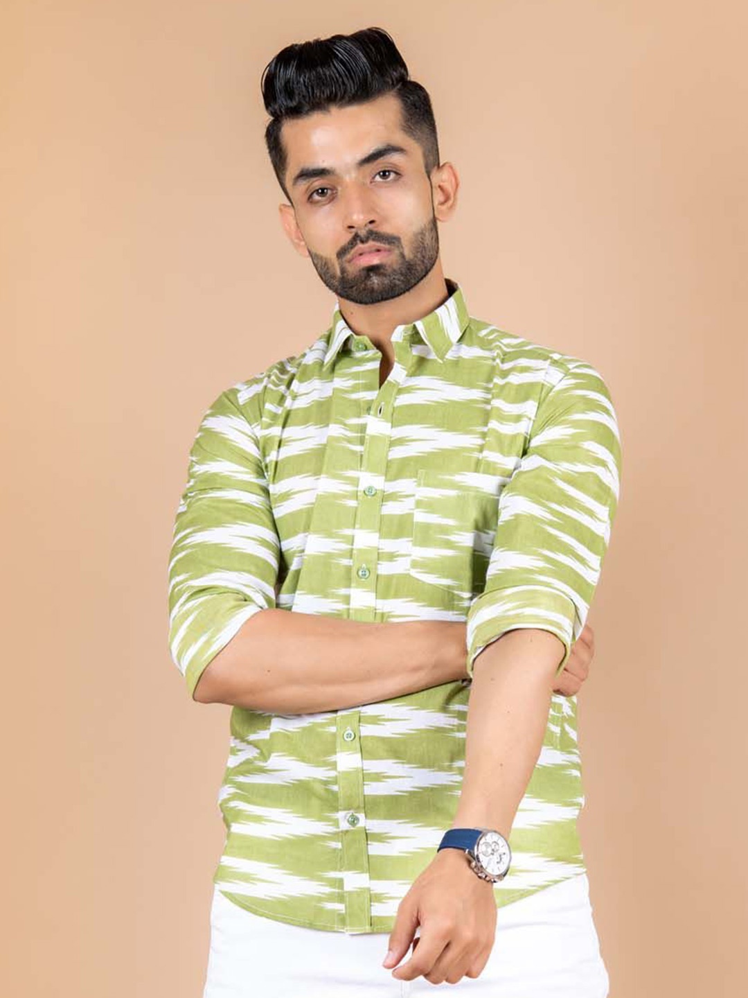 

Tistabene Men Standard Spread Collar Abstract Printed Cotton Casual Shirt, Green