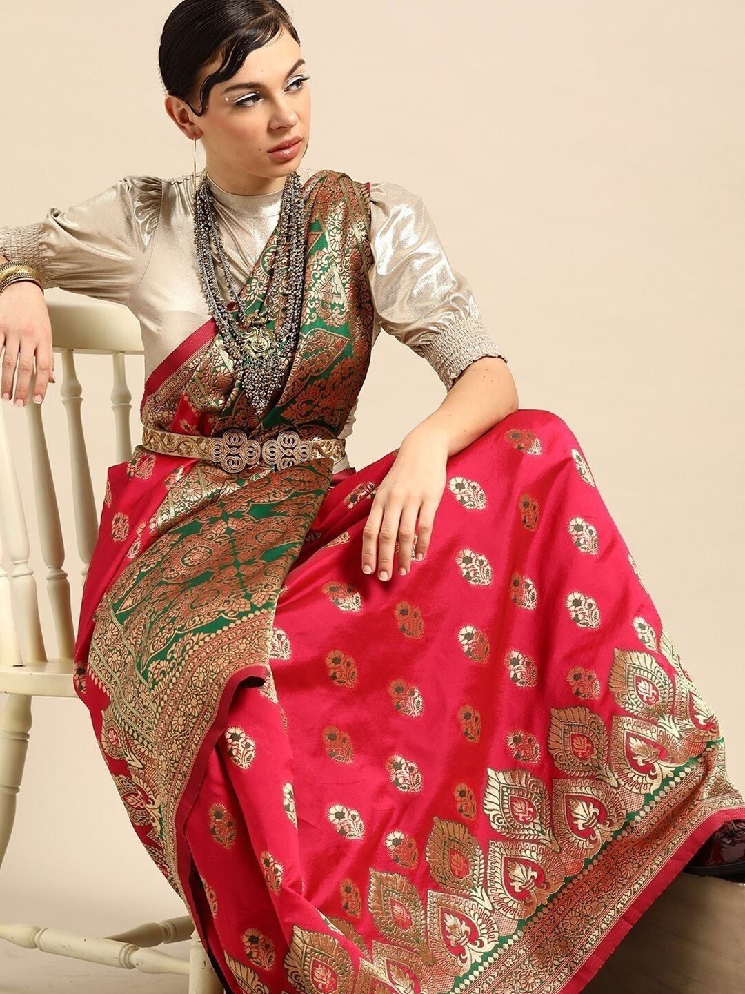 

KULNAARI Women Woven Design Zari Banarasi Saree, Pink