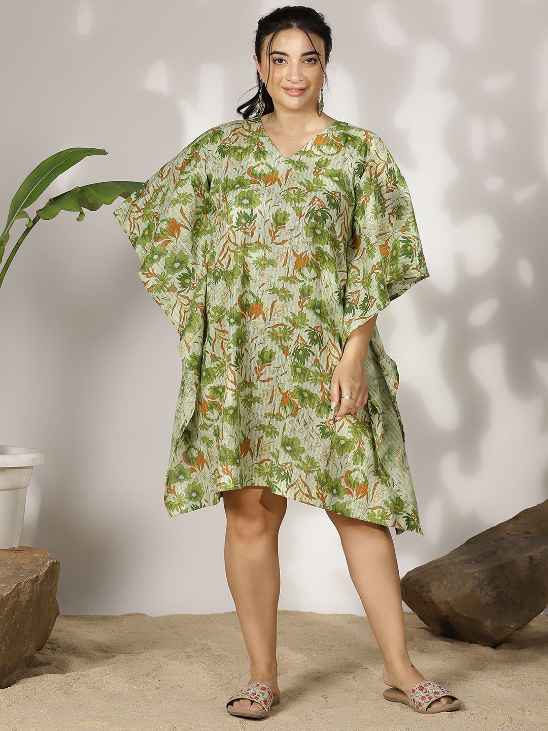 

LetsDressUp Floral Printed Kimono Sleeve Kaftan Dress, Green