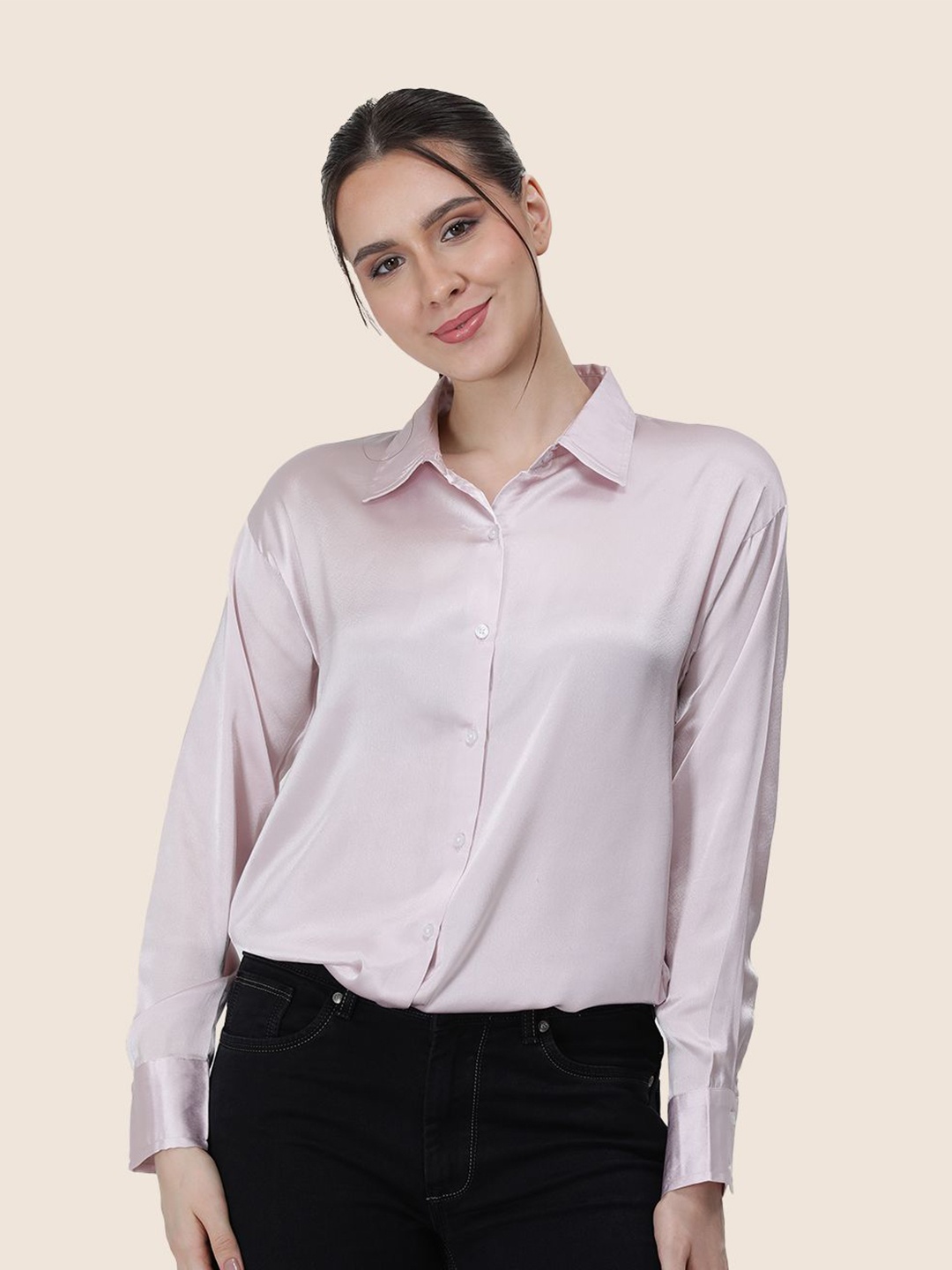 

AMSWAN Women Premium Spread Collar Solid Relaxed Fit Casual Shirt, Pink