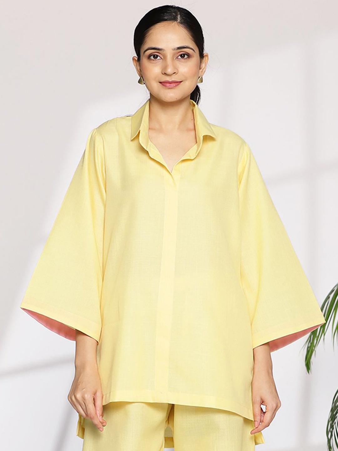 

LetsDressUp Women Solid Shirt Collar Pure Cotton Top, Yellow