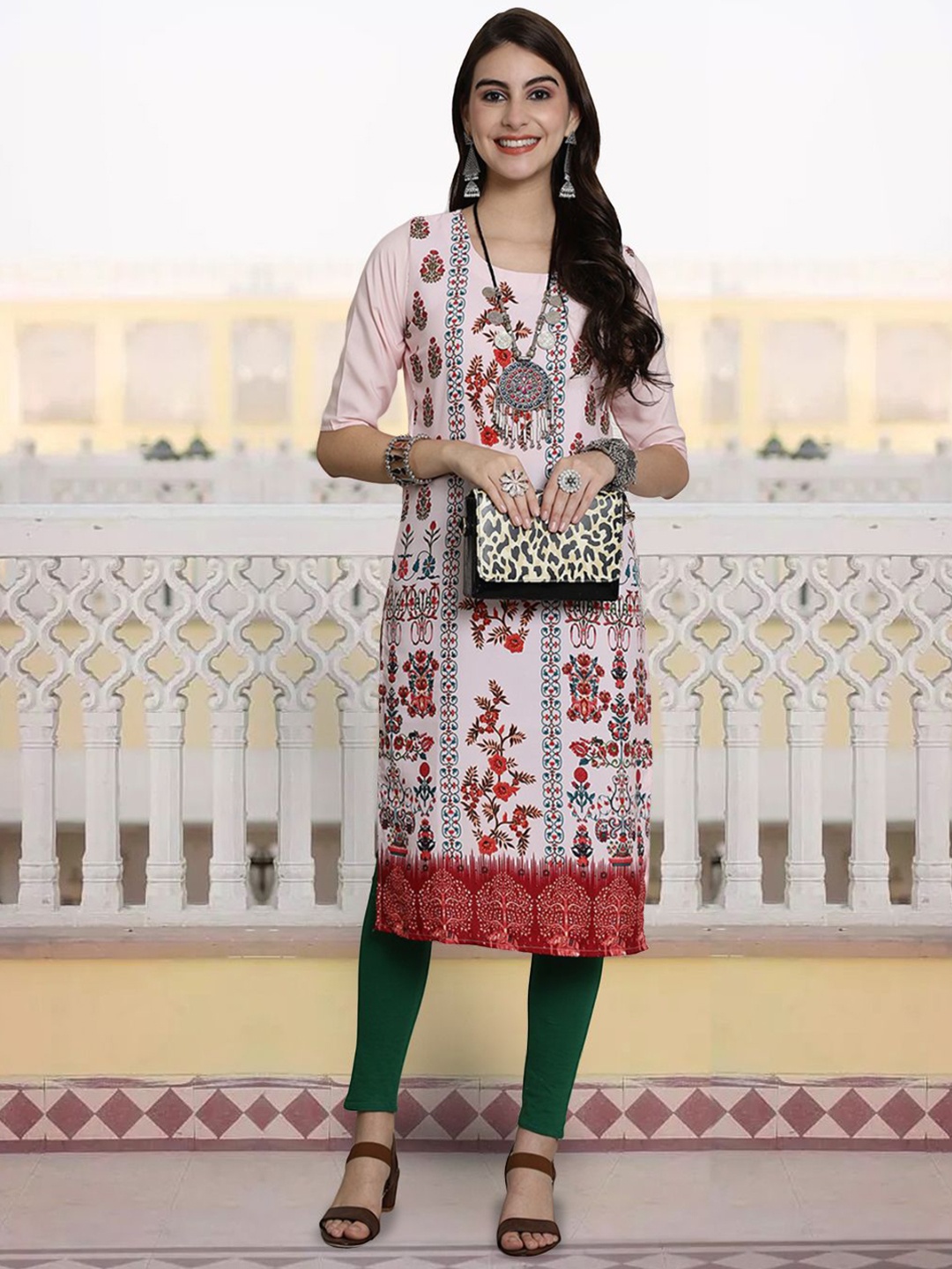 

7Threads Floral Printed Round Neck Regular Crepe Straight Kurta, Peach