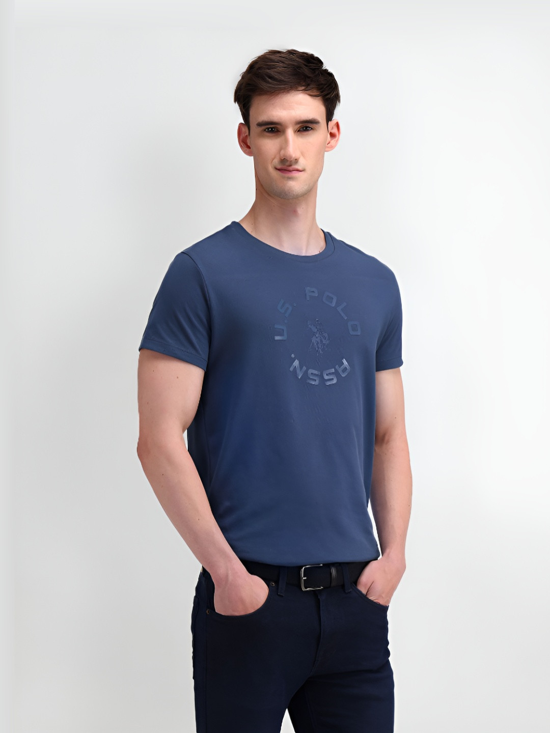 

U.S. Polo Assn. Men Typography Printed Round Neck Cotton Slim Fit T-Shirt, Blue